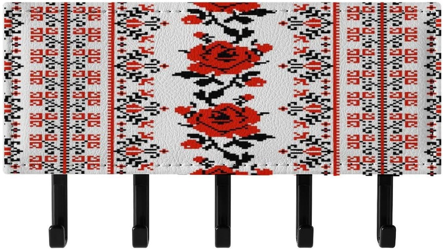 Key Holder Wall Mount Key Hanger with 5 Hooks, Decorative Key Rack | Ukrainian Embroidery Style Rose Hanging Key Hooks with Mail Organizer for Wall Living Room Kitchen Bathroom Hallway