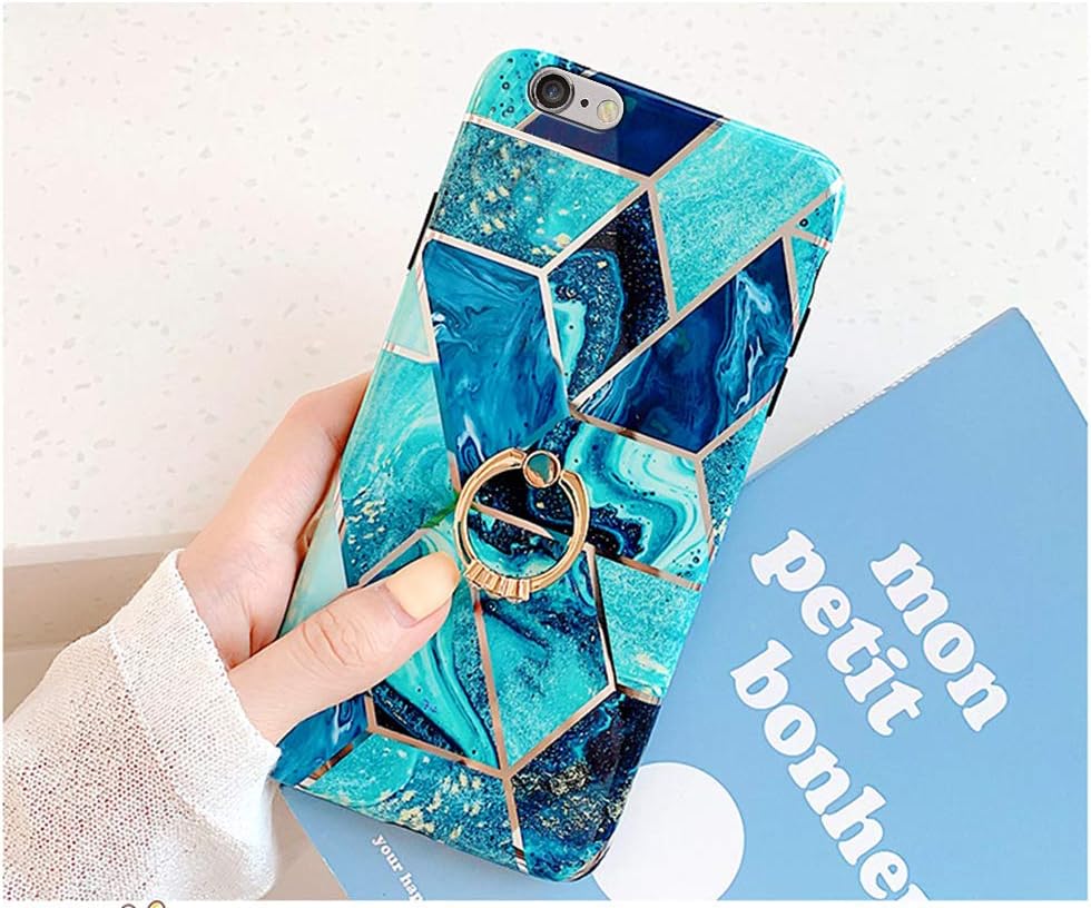 Case for iPhone 6S Plus/6 Plus Marble Case,Girls Women Polished Plating Mosaic Marble Flexible Soft Rubber Gel TPU Case Cover & Bling Diamond Ring Stand for iPhone 6S Plus/6 Plus Silicone Case,Blue