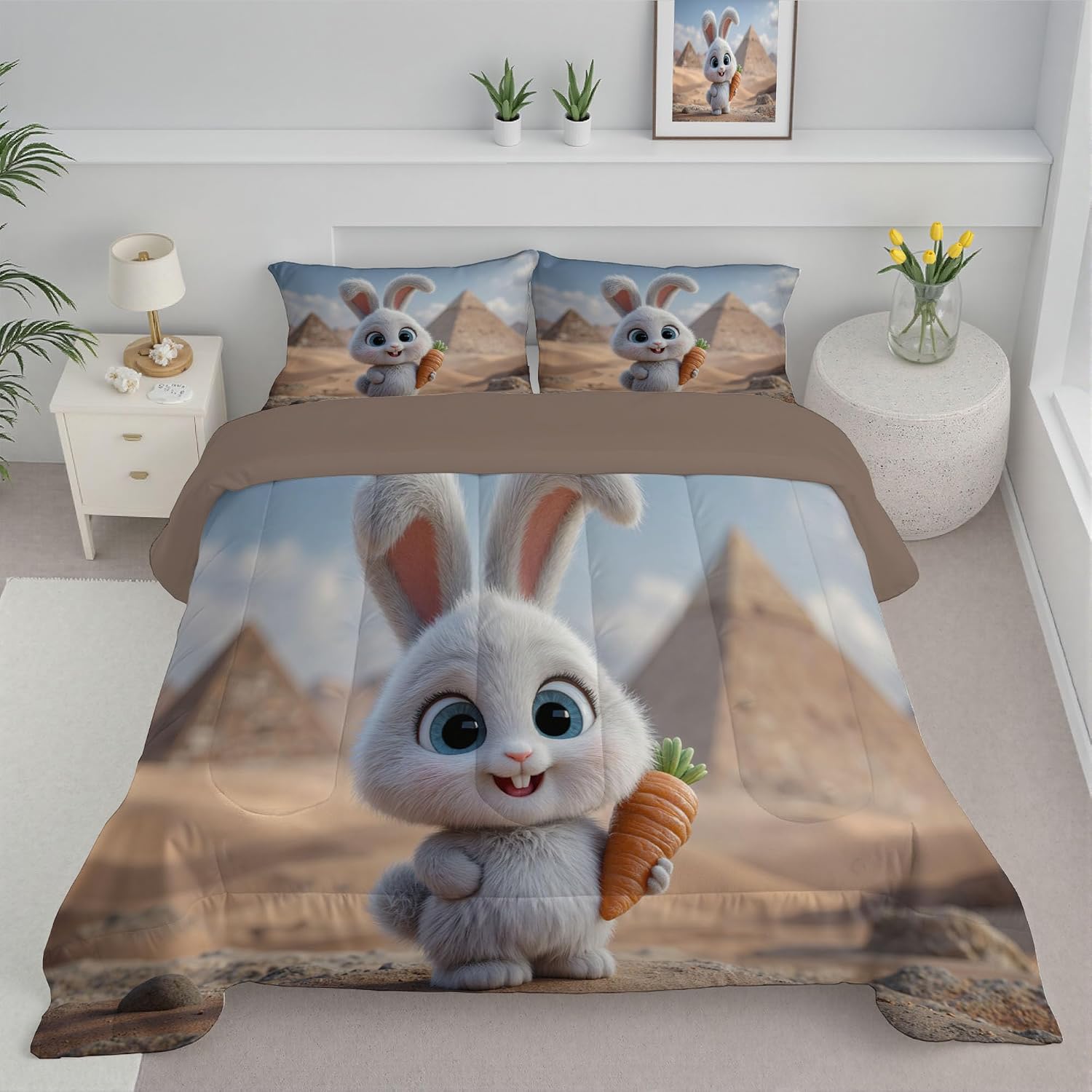 Brown 90" x 90" Duvet, Reversible Coverless Children Boys Girls 3 Duvet, Queen Washable Quilt 7.5 Tog for All Seasons, Desert Pyramids Comforter with 2 Pillowcases