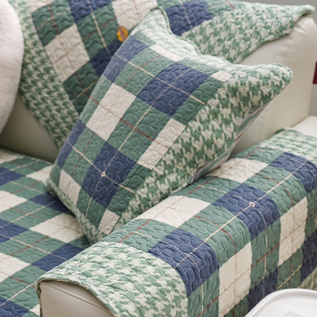 vctops Set of 2 Farmhouse Buffalo Check Plaid Decorative Throw Pillow Covers Cotton Quilted Square Cushion Case (Green Blue,20"x20")