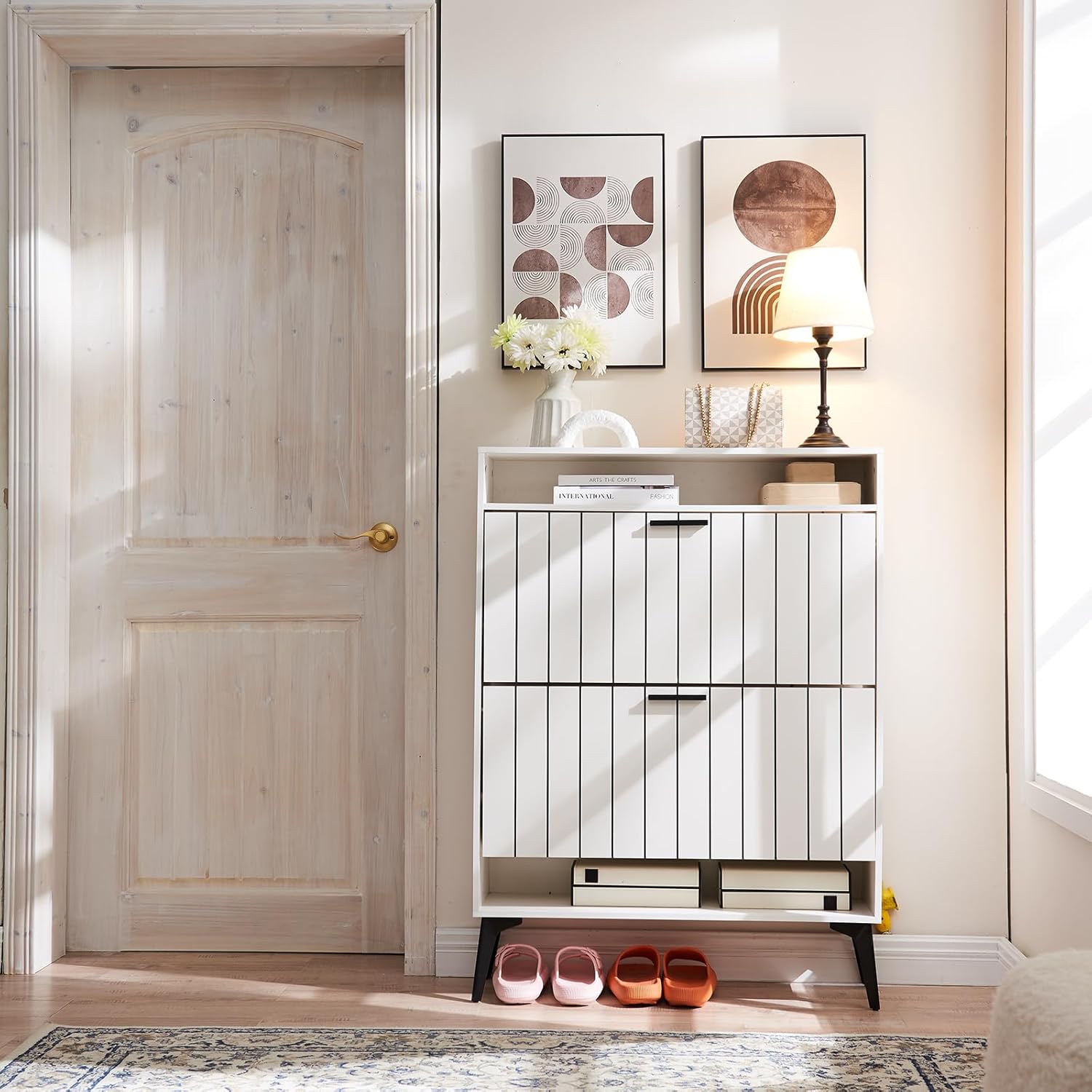 Narrow Shoe Storage Cabinet with Flip Drawers Wooden Organizer Drawer and Open Shelf Freestanding Rack Door for Entryway Hallway Mudroom Bedroom White White 2 Drawer (YXUS01K)