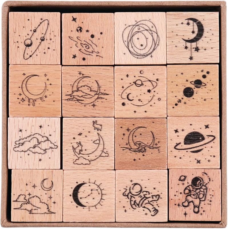 16 Pieces Vintage Wooden Rubber Stamps, Universe & Galaxy Theme | Decorative rubber stamp set – ideal for scrapbooking, journaling, card making, and paper crafts.