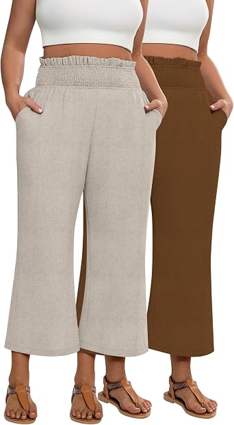 Oakgarden 2 Pack Womens Plus Size Linen Pants, Elastic Waist Flowy Cropped Pants Casual Wide Leg Capri Palazzo Trousers