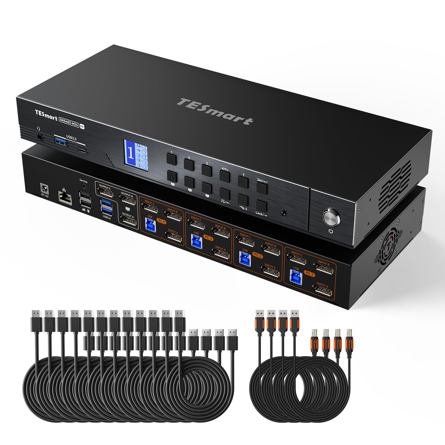 TESmart Switch KVM Displayport 4K@144Hz 3 monitor 4 computer USB 3.0, DP 1.4 Triple Monitor 4 porte KVM 8K a 60Hz, supporto EDID, rete Gigabit, Hotkey Switch, VRR, tutti i cavi di ingresso (DKS403-M24