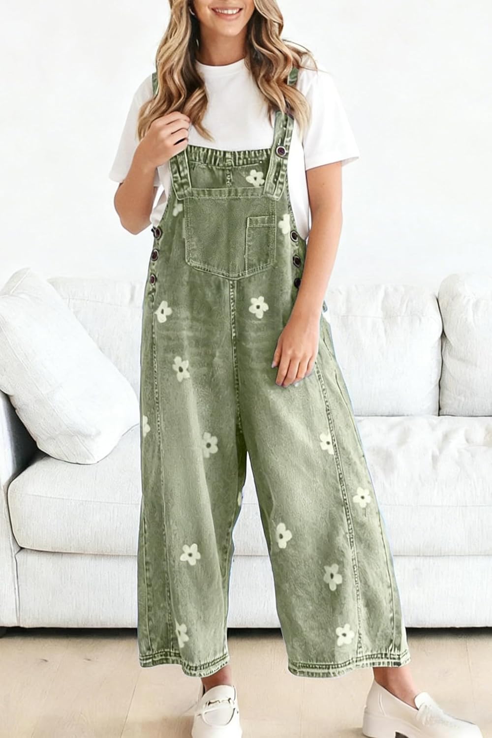 utcoco Women Floral Printed Adjustable Strap Denim Bib Overall Wide Leg Jeans Casual Baggy Overalls Jumpsuit