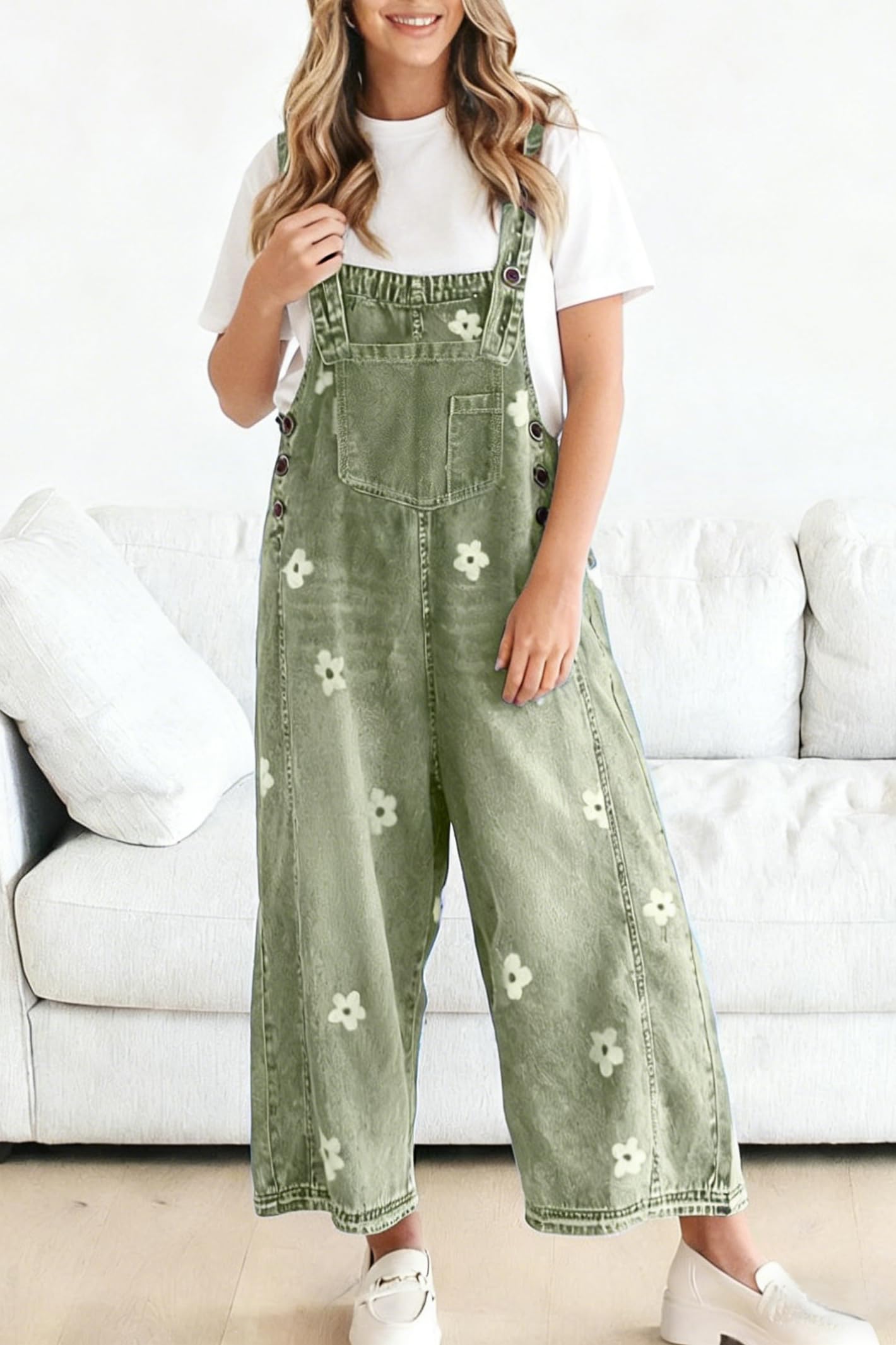 utcoco Femmes Floral Imprimé Ceinture Réglable Bavoir Denim Salopette Large Jambe Jeans Casual Baggy Salopette Jumpsuit