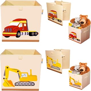 Product 4 Kids - Washable Toy Box Storage Cube, Canvas Toy Chest Organizer Foldable Kids Toy Storage Organizers for Child's Bedroom or Playroom -13x13x13 Inch (Truck+ Excavator)