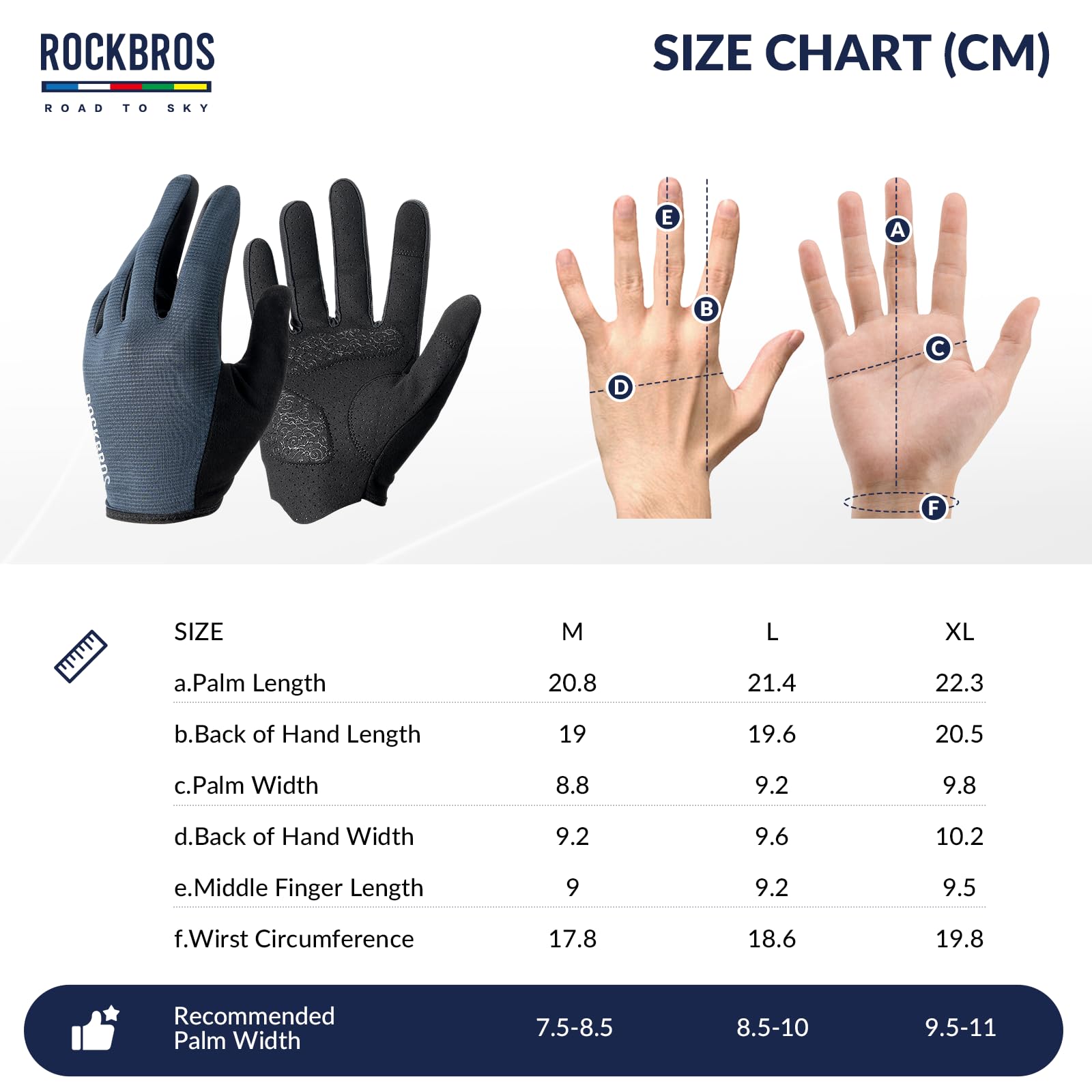 ROCKBROS Road to Sky Fahrrad Handschuhe Touchscreen Atmungsaktive Stoßfest | Fahrradhandschuhe Frühling Sommer Damen/Herren für Radfahren, Laufen, Fitness, Wandern