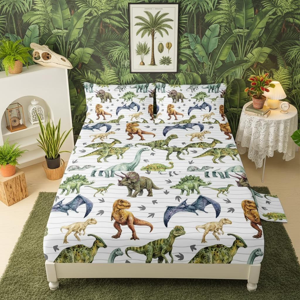 QOOMO Dinosaur 4 Piece Kids Sheet Full Size,Jurassic Dinosaur Bedding Sheet Set,Boys Printed Flat Sheet Fitted Sheet with 16" Deep Pocket,100% Microfiber Ultra Soft and Skin Friendly