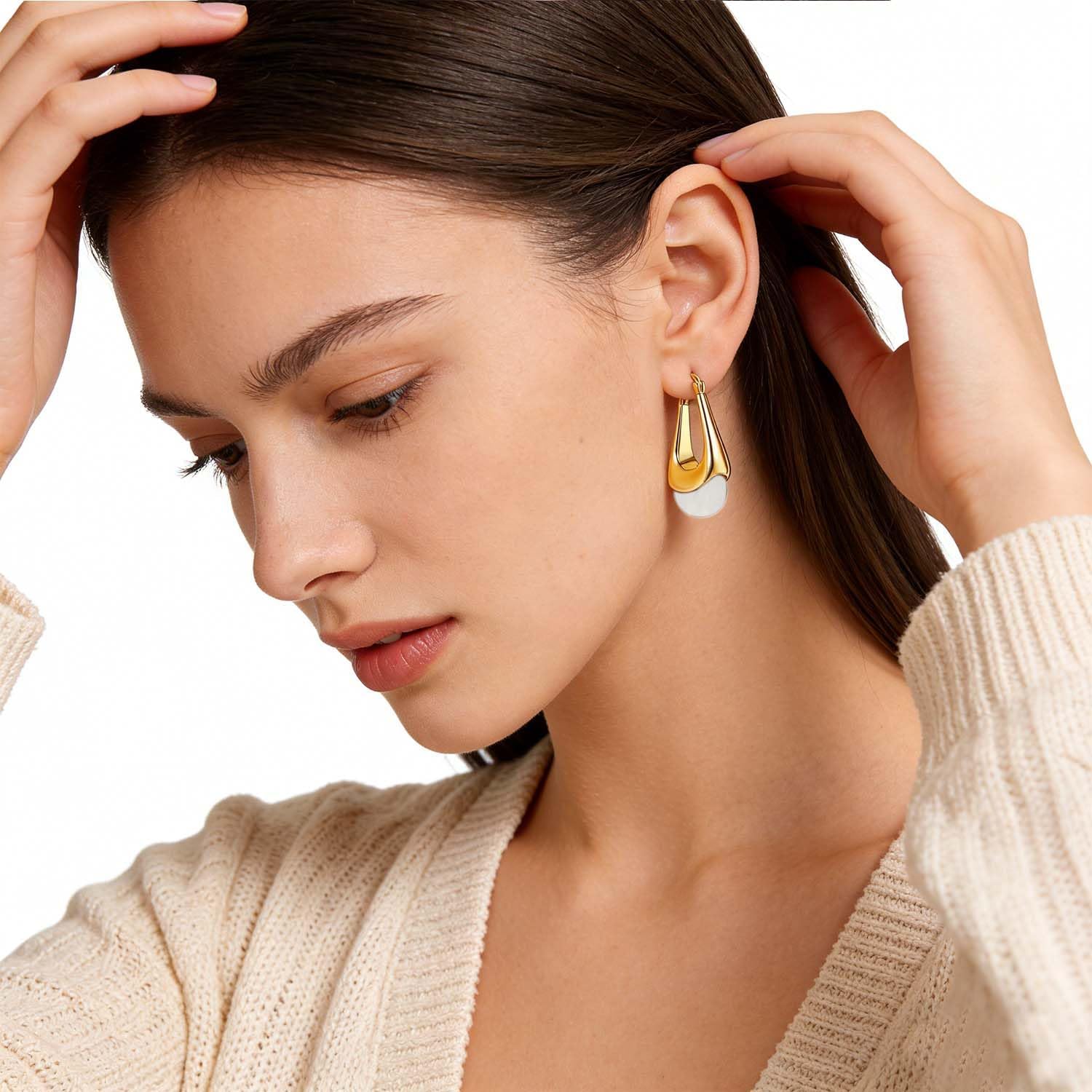 Valentine Day Gifts for Her Women,Vintage Chunky Gold Hoops Earrings for Women, Gold Dangle Drop Earrings with Brown/Pink/White/Green Resin Gemstones, 18K Gold Plated Trendy Statement Earrings,Exaggerated Large Teardrop Trendy Jewelry for Christmas - Image 6