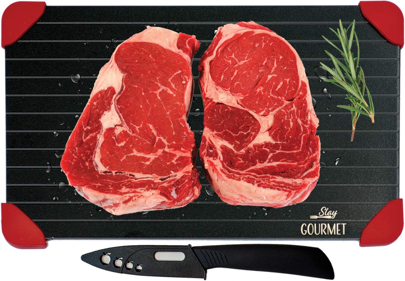 Defrosting Tray LARGEST Thawing Plate - PLUS Ceramic Knife. Rapid Defrost of Frozen Food. Quickly Thaw Meat, Bacon, Fish, Chicken and More. No Microwave or Hot Water Needed.