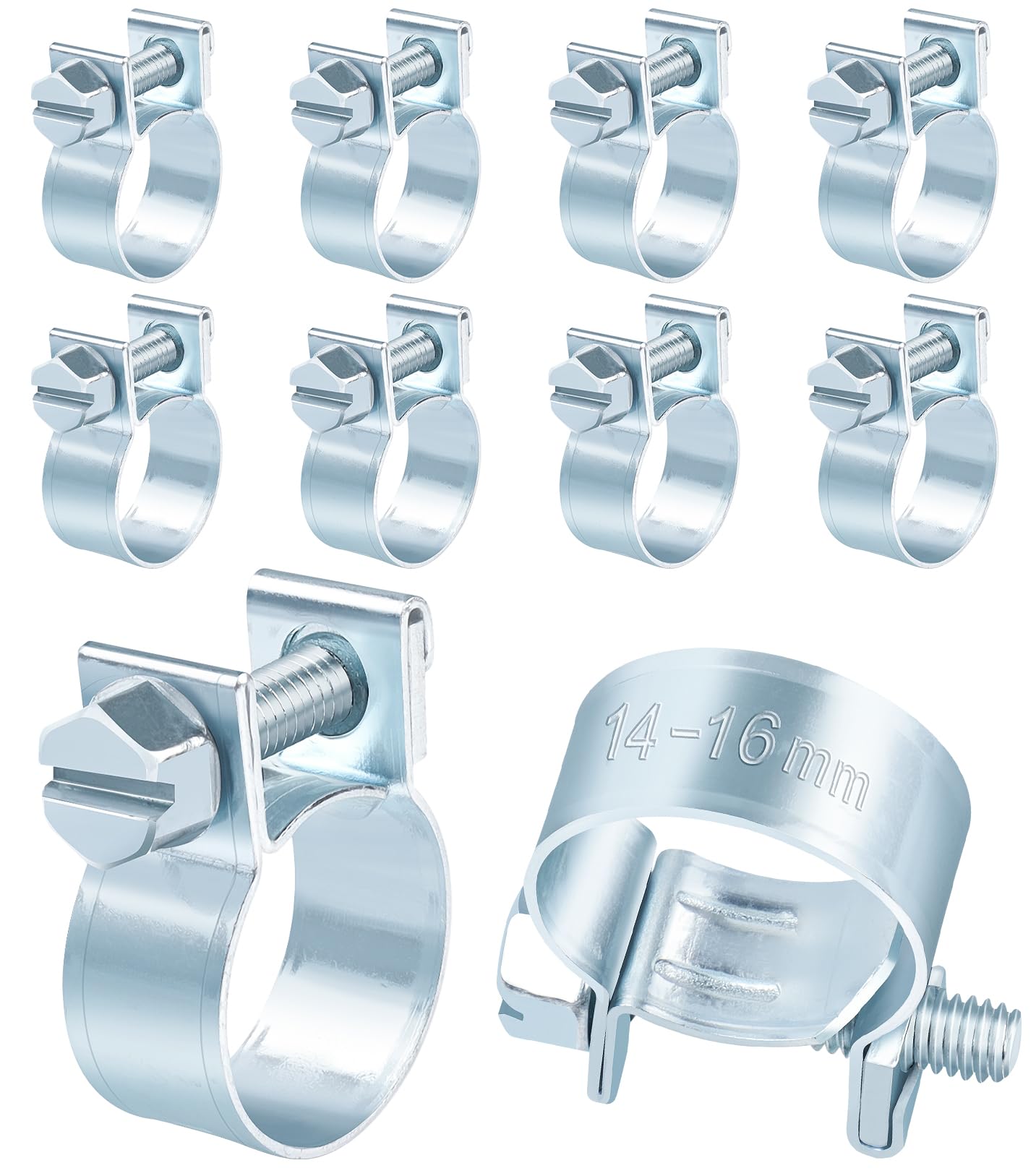 Jeboler 10 Pcs Small Hose Clips 14-16mm, Mini Fuel Line Pipe Hose Clamp, Adjustable Fuel Injection Style Repair Clamp, Zinc Plated Tube Clamps for Automotive Diesel Petrol Pipe