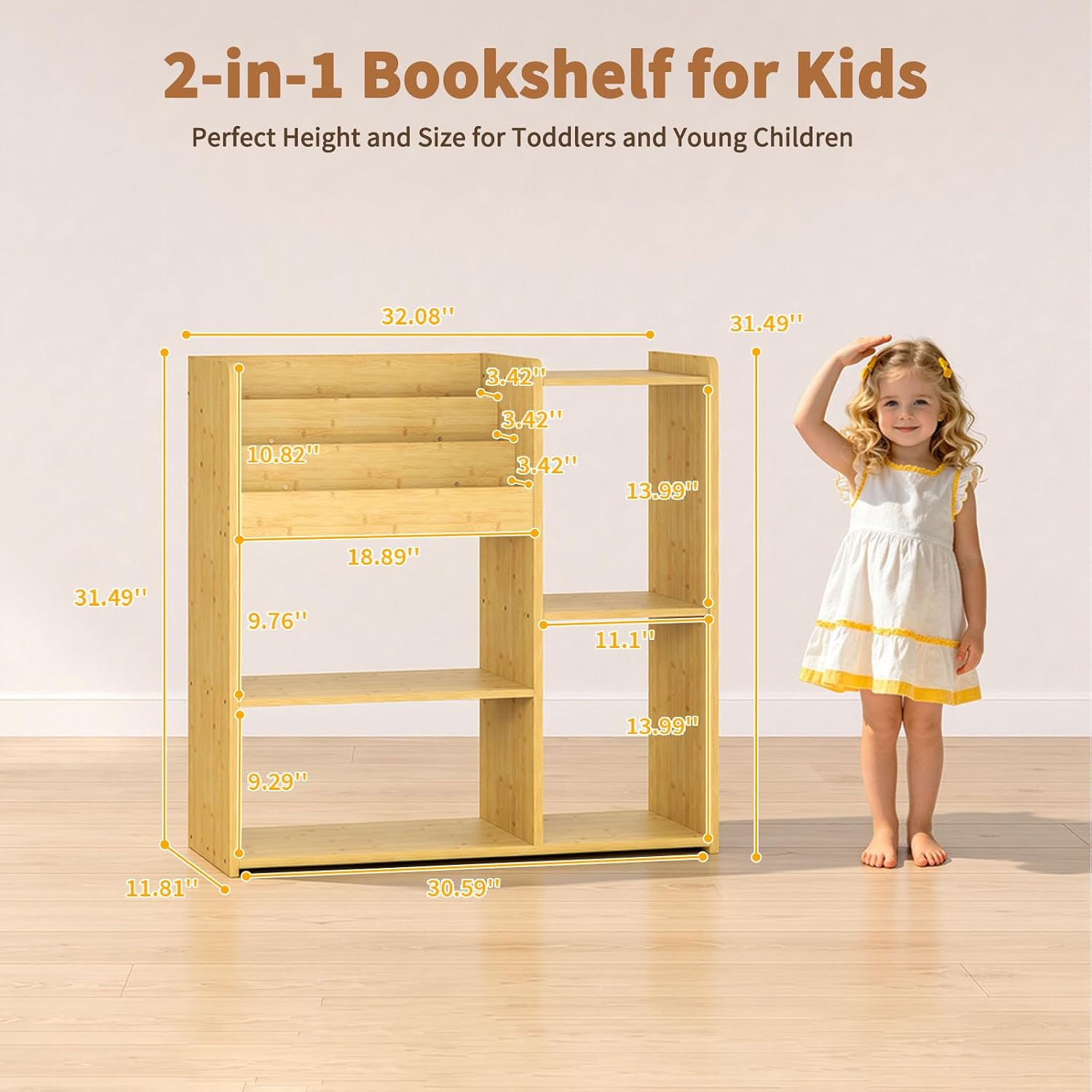 Montessori Wooden Children's Bookshelf - Modern Storage Shelf for Kids Room, Open Compartments for Books, Toys, and Decor, Safe and Sturdy Design, Natural
