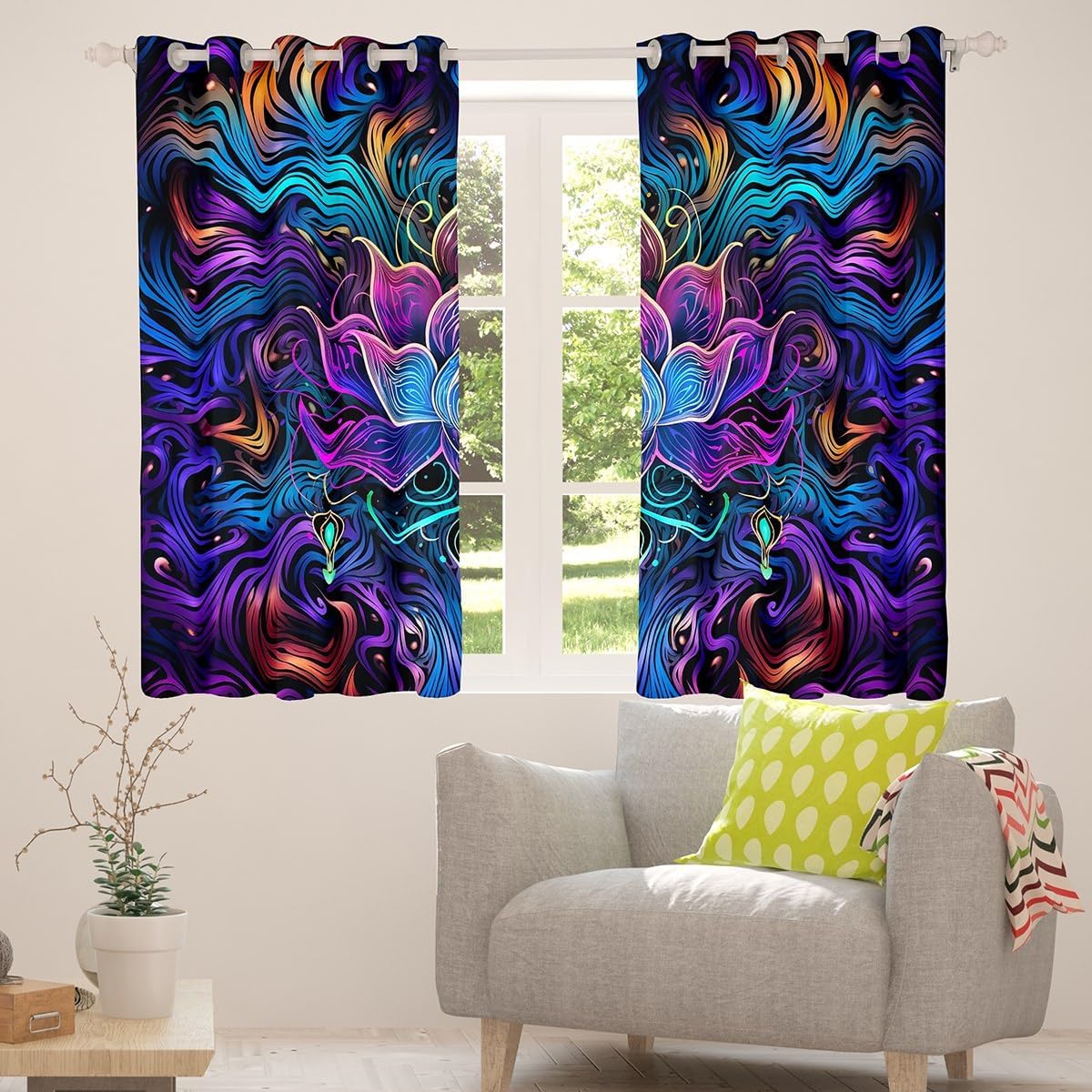 Erosebridal Lotus Curtains & Drapes Bohemian Theme Curtains Purple Gradient Blackout Curtains 76Wx45L Tribal Paisley Black Out Curtains Girls Flower Window Drapes Navy Blue Floral Decor