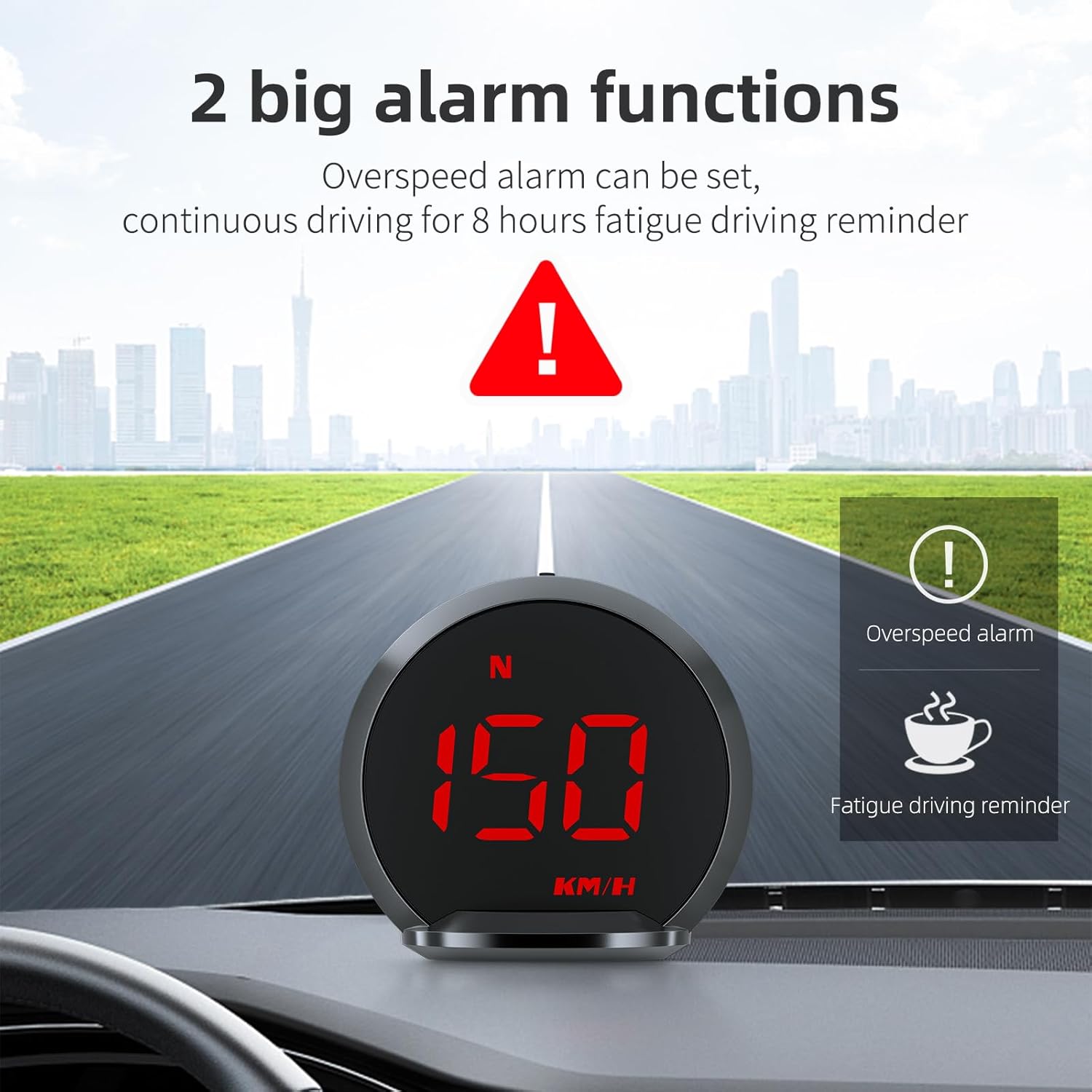 The MAIMEIMI G13-HUD GPS Speedometer displaying an overspeed warning (150 KM/H in red) and icons for overspeed and fatigue driving alarms.