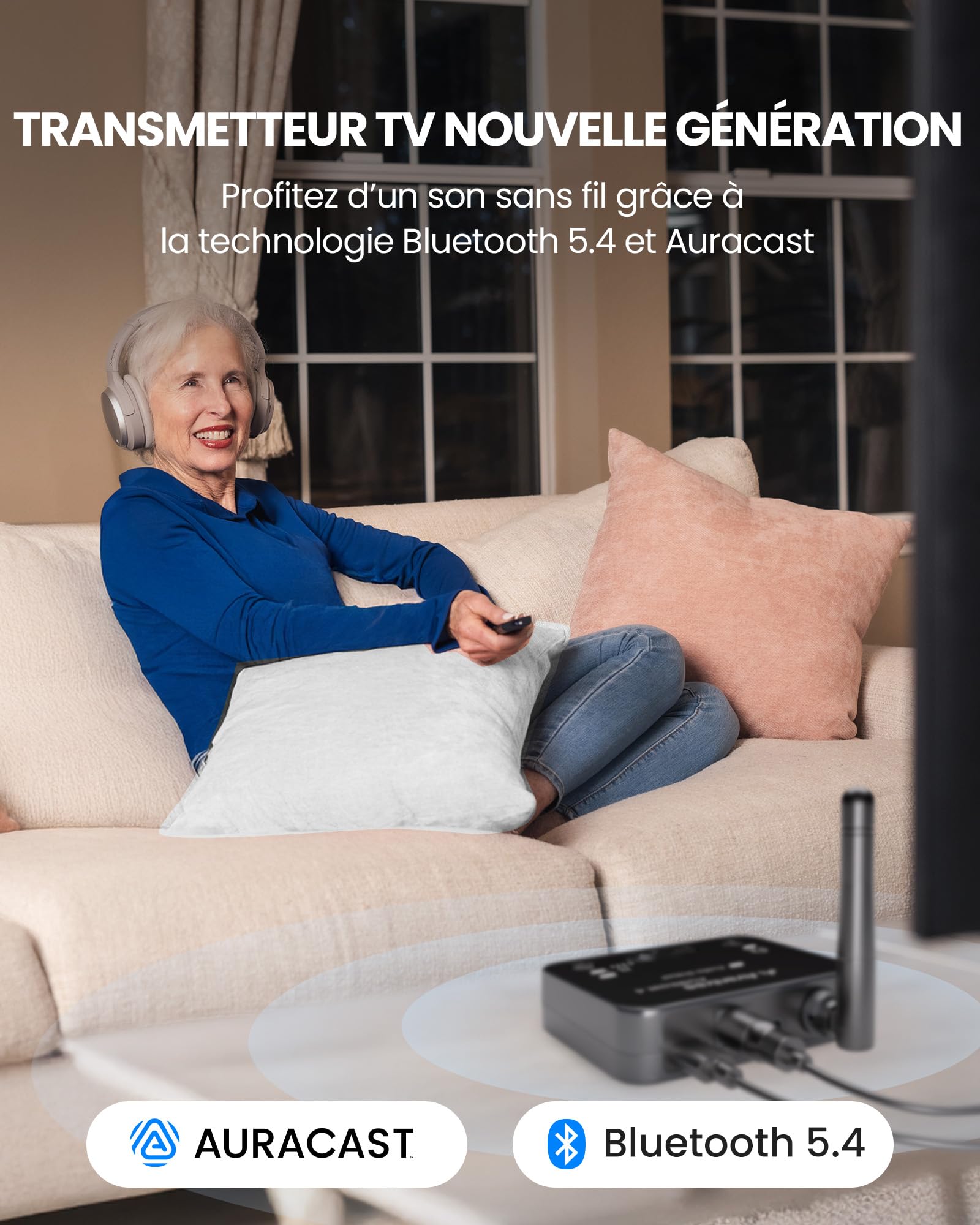 Avantree Audikast 4 – Émetteur TV Auracast & Bluetooth 5.4 2-en-1 pour Casques Et Appareils D’Écoute Personnels Sélectionnés, aptX Adaptive & HD, Sorties Optique/AUX, Évolutif Et MàJ