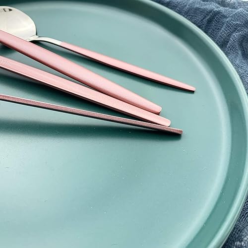 Miniatura 7 de BRIIEC - Juego de cubiertos plateados con mango rosa, 24 piezas de acero inoxidable brillante, cubiertos para 6, aptos para lavavajillas