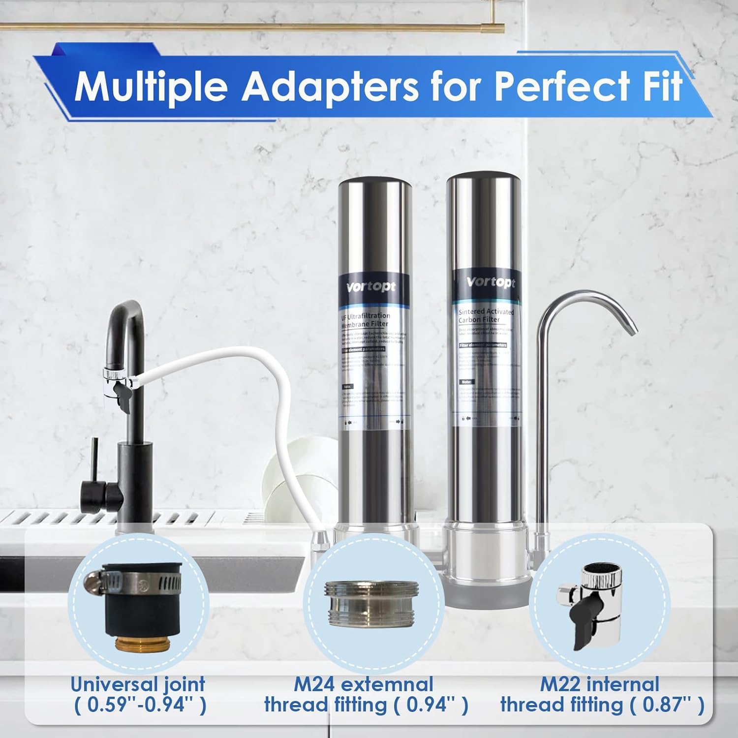 VORTOPT F9 Countertop Water Filter System,Direct Connect Water Filtration-0.01μm Filtration Reduces PFOA/PFOS,Chlorine,Heavy Metals,Bad Odors-C2 and UF Filter.