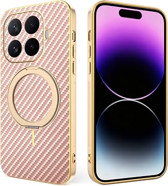 Slim Cover for Xiaomi 17T Protective Shell Carbon Fiber Luxury Plating Shockproof Protection Case with 360 Spin Folding Stand Case Compatible with Xiaomi 17T Cover for Men Women Pink