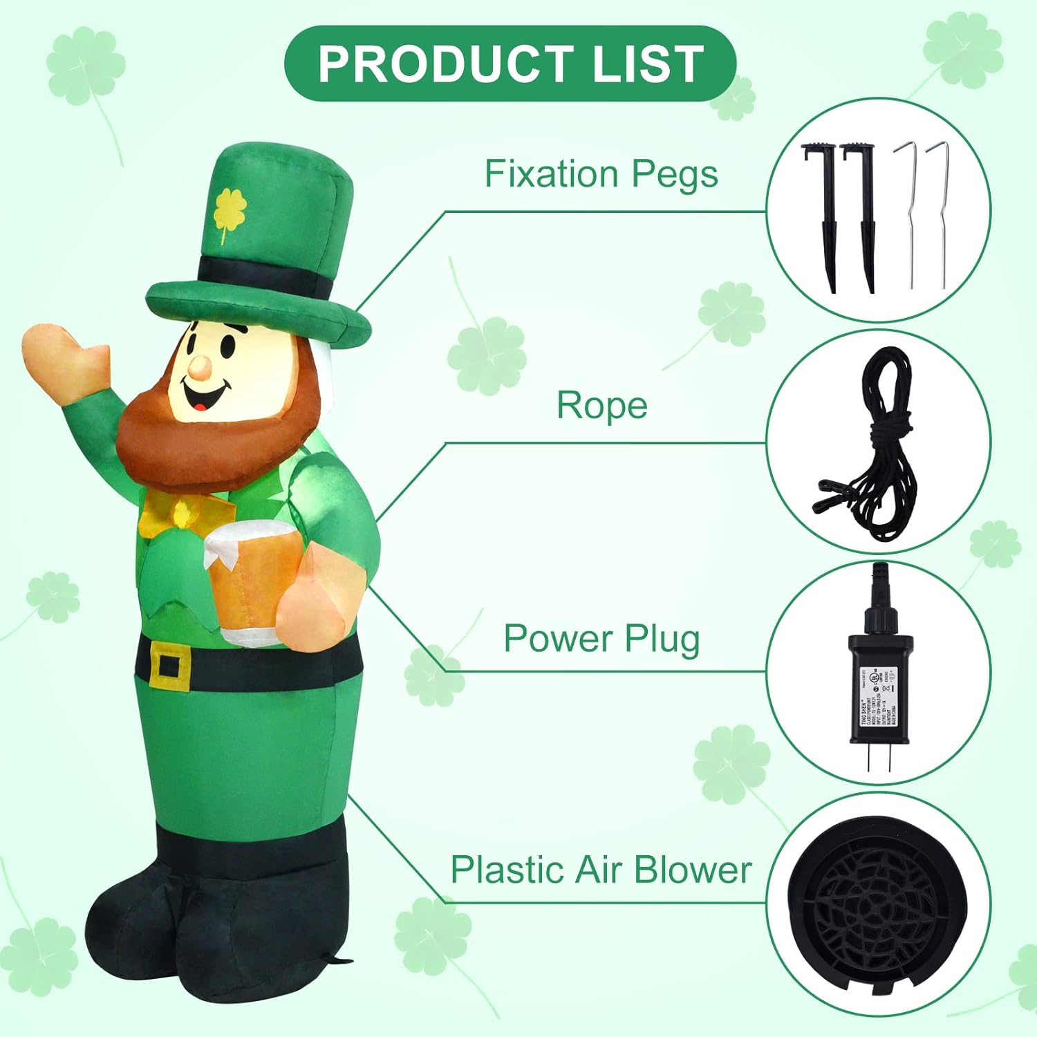 4 Ft Inflatable St Patricks Day Leprechaun Lighted Blow Up Shamrock Outdoor Yard Decoration with LED Light for Yard Garden Lawn Holiday