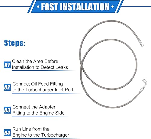 Vista 140 de AN3 - Línea de alimentación de aceite turbo de acero trenzado de 90 grados a extremo de manguera recto, turbocompresor remoto de 24 pulgadas, línea