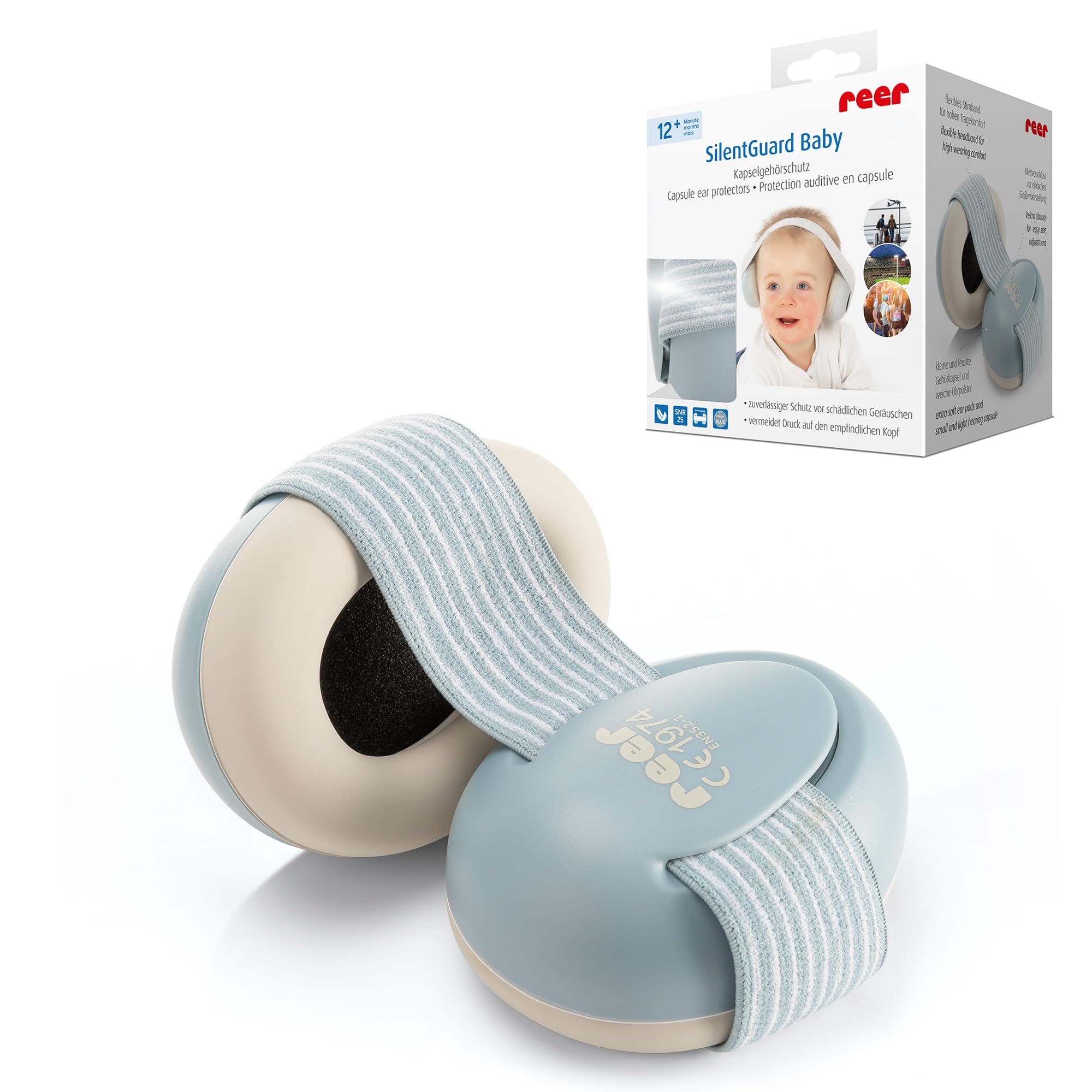 reer SilentGuard Baby Gehörschutz, In Deutschland auf Sicherheit getestet, weich und leicht für den empfindlichen Baby Kopf, mitwachsend, blau