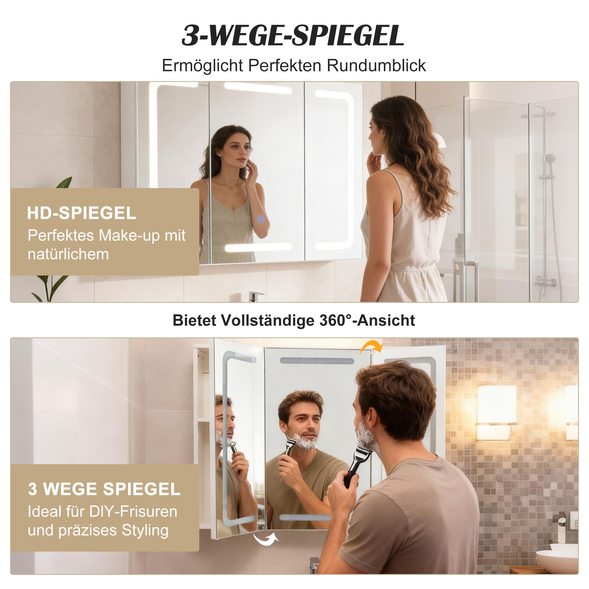 Thanaddo Spiegelschrank Bad mit LED Beleuchtung 80x60cm, Badezimmerschrank mit 6 Regal 3 Tür, Badschrank mit LED Badspiegel, 3 Farben Dimmbar