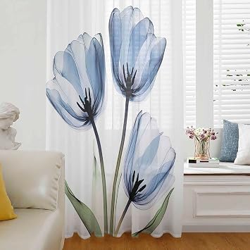 Blue Tulips Window Curtains 72 Inches Long,Watercolor Floral Wildflower Green Plant Semi Sheer Rod Pocket Chiffon Curtains & Drapes Drapery Voile Draperies Window Treatment for Living Room/Bedroom