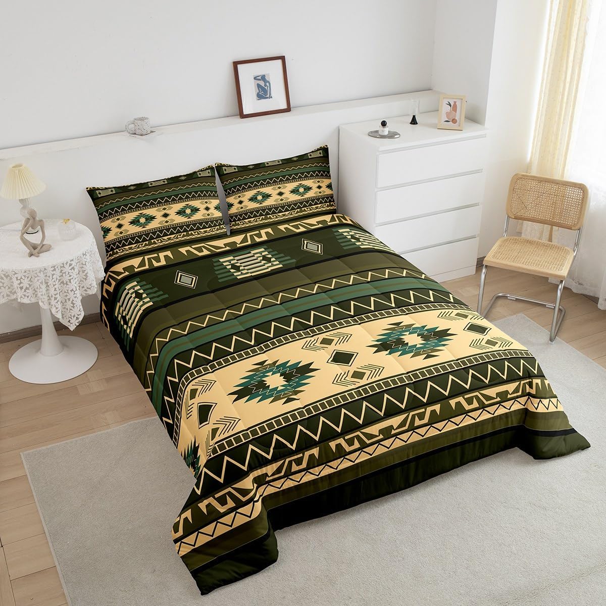 jejeloiu Boho Bedding Set Toddler Size Southwestern Native Aztec Comforter Cover for Boys Girls Teens Southwest Native American Design Duvet Cover Army Green Breathable Soft Lightweight Microfiber