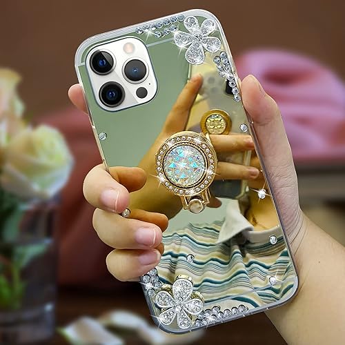 Miniatura 4 de Omorro Funda con espejo de maquillaje para iPhone 13 Pro Max para mujeres y niñas, cubierta de lujo con diamantes de imitación brillantes con anillo