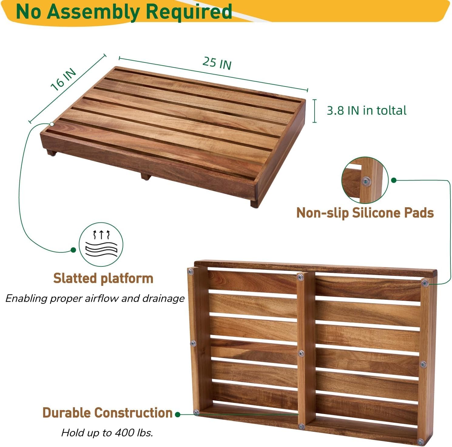 Craftsline Wooden Step Platform 3.8" Height, Outdoor Steps with Non-Skip Pads for Seniors, Acacia Wood Step Stools for Adults, Stool for Bed (No Assembly Required)