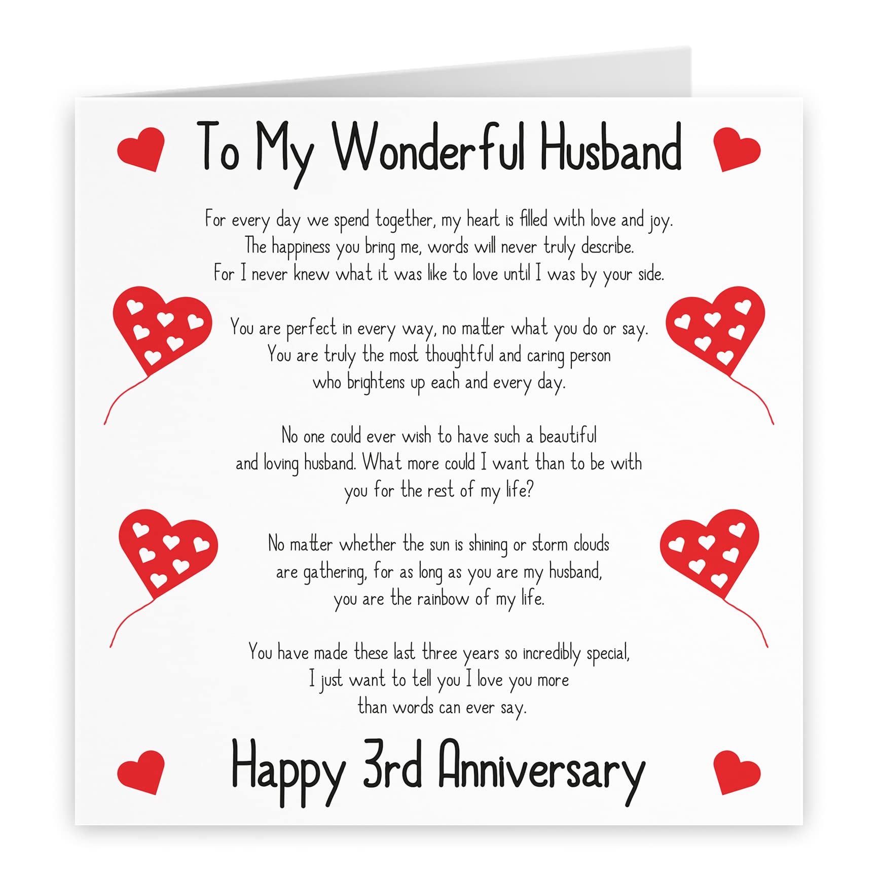 Hunts England, Romantic Husband 3rd Wedding Anniversary Love Verse Card, To My Wonderful Husband, Happy 3rd Anniversary - Image 2