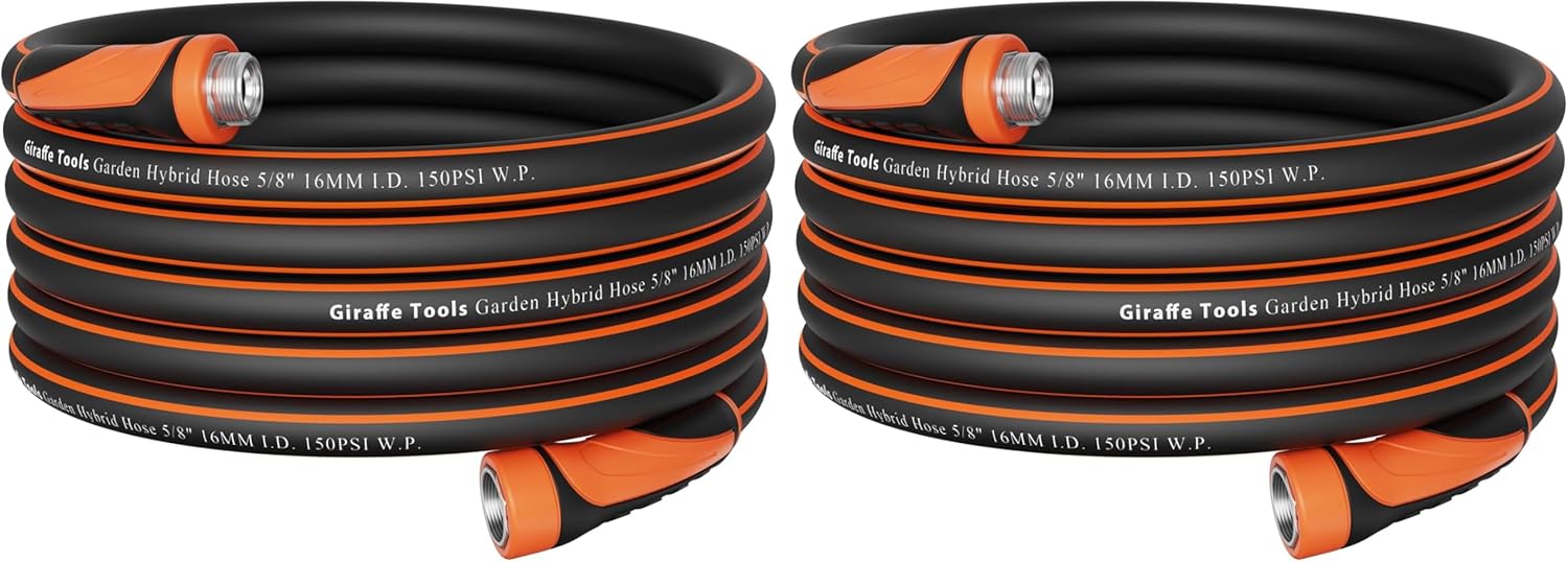 Giraffe Tools Garden Hose 50ft x 5/8", Water Hose Heavy Duty, Flexible, Lightweight Hybrid Hose with Swivel Handle, Male to Female Fittings, Burst 600 PSI (Pack of 2)