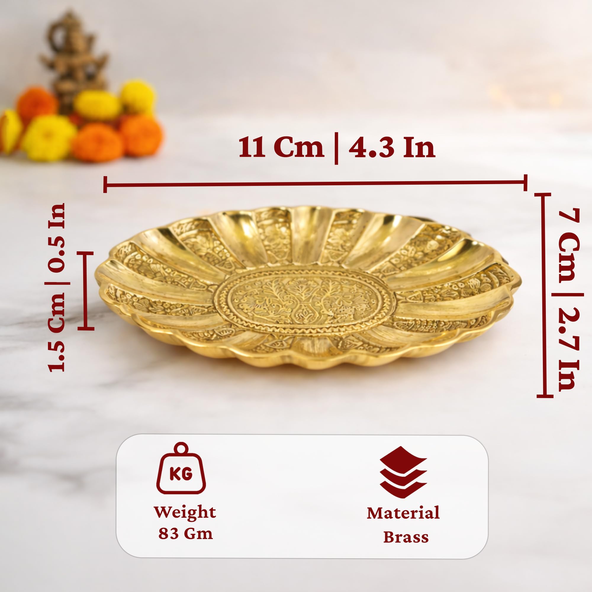 Putrika Brass Oval Engraved Tray – Floral Design Pooja Plate | Decorative Antique-Style Serving Tray for Home, Temple, Festive Use, Return Gift- Engraved Oval Tray (Xtra Small) 1
