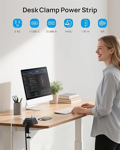 Miniatura 2 de Regleta de alimentación con abrazadera de escritorio, protector de sobretensiones con 5 salidas de CA y 3 puertos USB, estación de carga de montaje