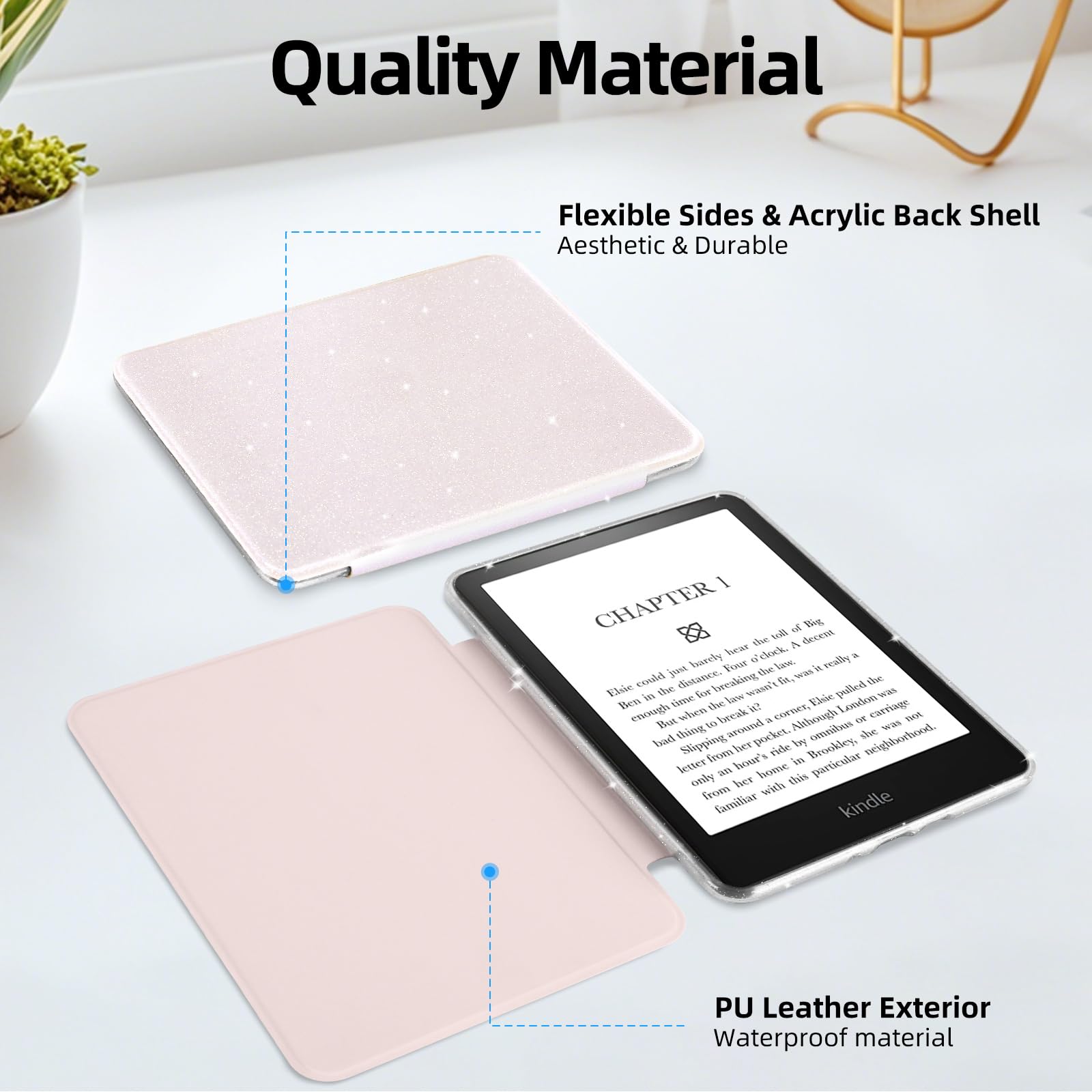 Custodia glitterata per Kindle Paperwhite da 6" (10a generazione 2018, modello n. PQ94WIF), custodia in pelle PU Lihght e retro rigido trasparente, con funzione sleep/wake automatica, rosa