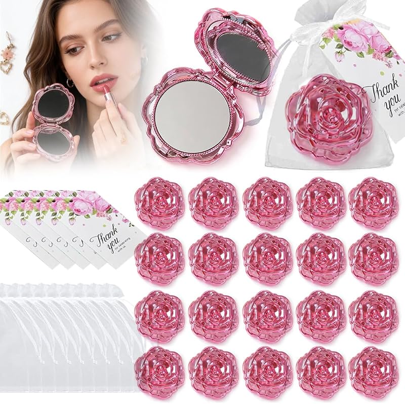 Espelho compacto em formato de rosa Sollkatte, 24 unidades, rosa, com bolsas de organza e etiquetas de agradecimento