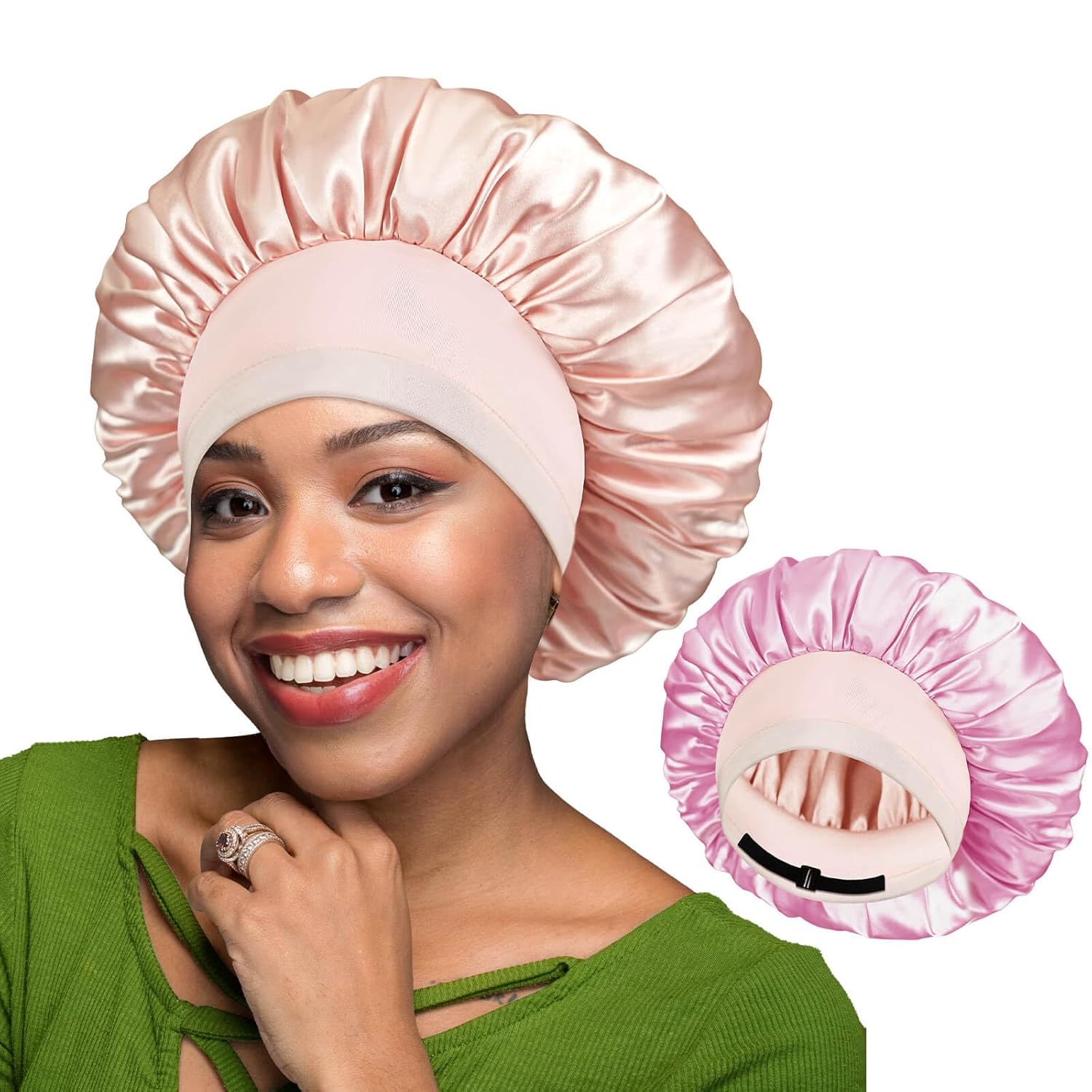 BONNET QUEEN Silk Bonnet for Sleeping — for Women Satin Bonnet Double Layer REVERSIBLE in 2 Color Adjustable Hair Bonnet — Satin Lined Night Sleep Cap for Curly Hair (Jade+Pink)