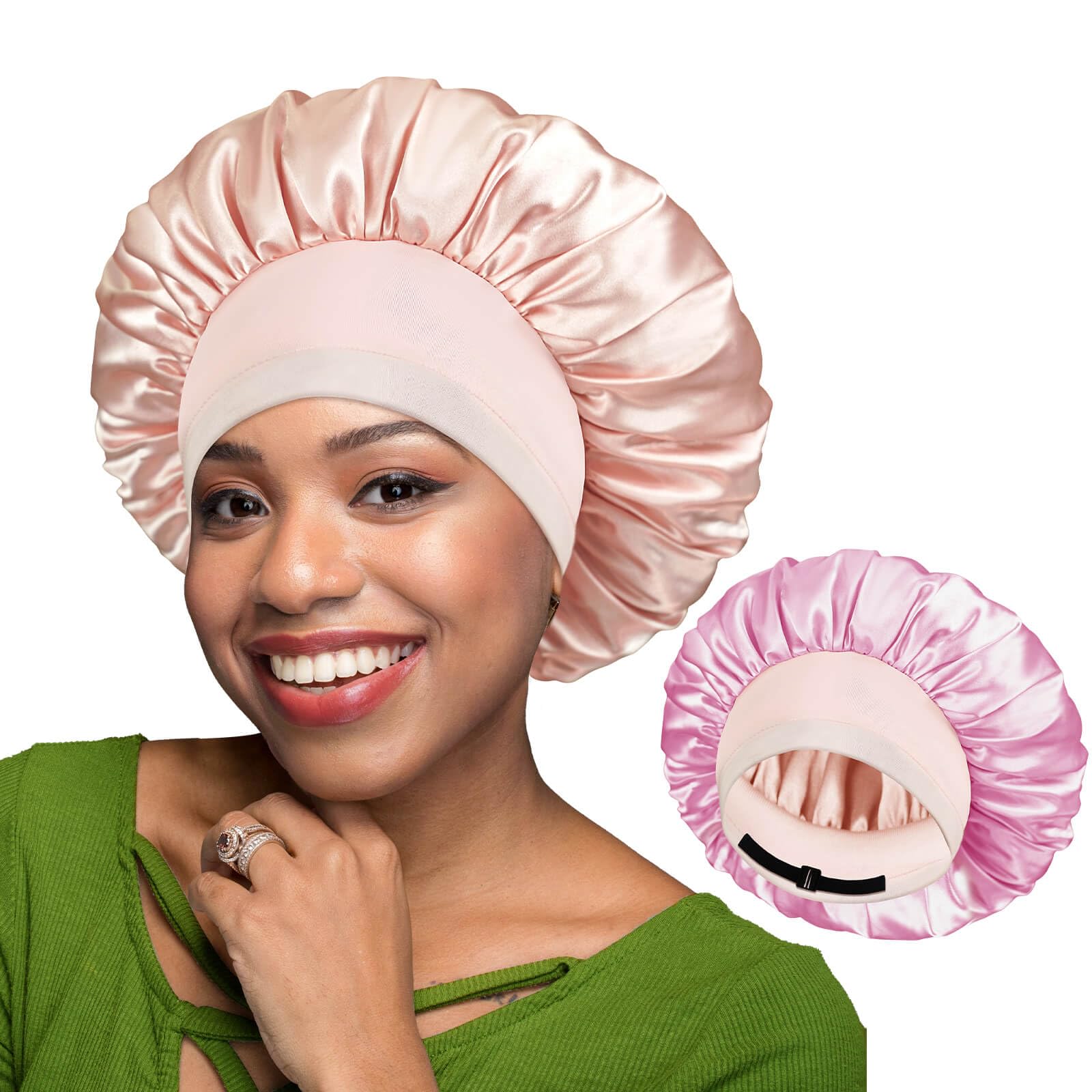 BONNET QUEEN Silk Bonnet for Sleeping Women Satin Bonnet Hair Bonnet Adjustable Reversible Double Layered Sleep Night Cap for Curly Hair Jade and Pink