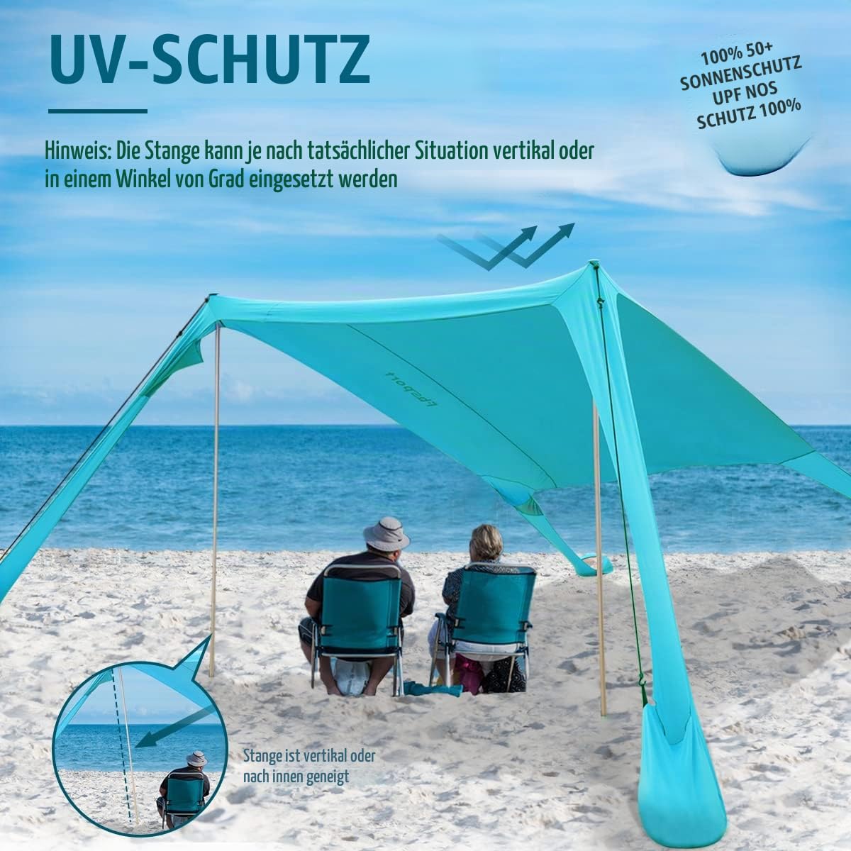 Strandzelt Sonnenschutz Strand zelte strandmuschel Muschel UPF50+ mit Sandschaufel, Erdnägeln und Stabilitätsstangen, Outdoor-Schatten für Campingausflüge, Angeln, Hinterhofspaß oder Picknicks