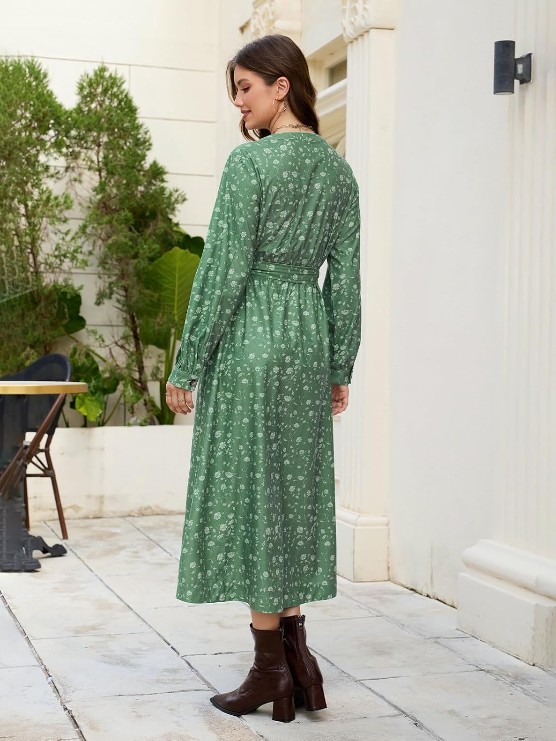 Ladyful Floral Print Corduroy Midi Dress for Women Long Sleeve Button Up Fall Winter Flowy Dress with Belt - Image 3