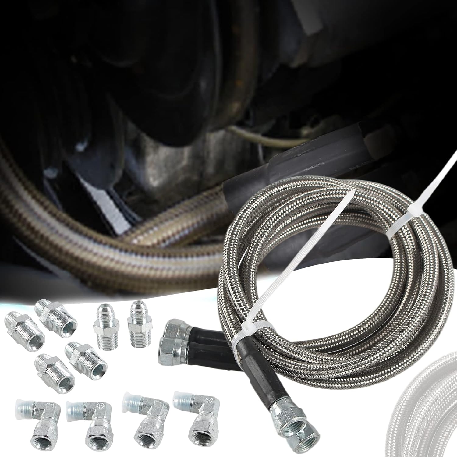 6AN SS Transmission Cooler Hose Fitting Stainless Steel Braided Cooling Lines Compatible with Chevy Ford Mopar Replacement for TH350/ 700R4/ TH400 50"