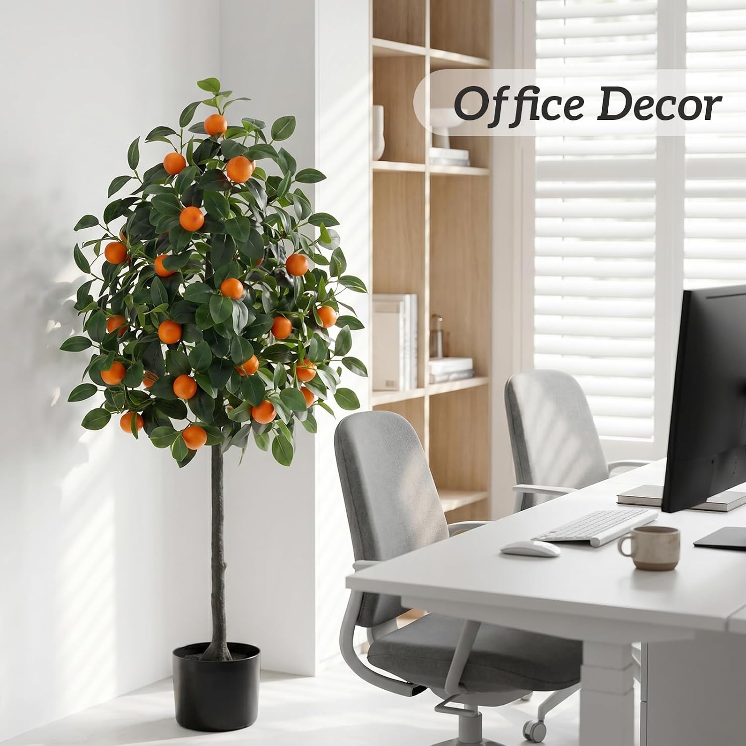 5 Feet Artificial Orange Tree Large Outdoor with Faux Tangerine Fruit Decor with Natural Wood Trunk and Lifelike Citrus Fruits Plastic Pre Potted Fake Orange Plant Tree for Home Office