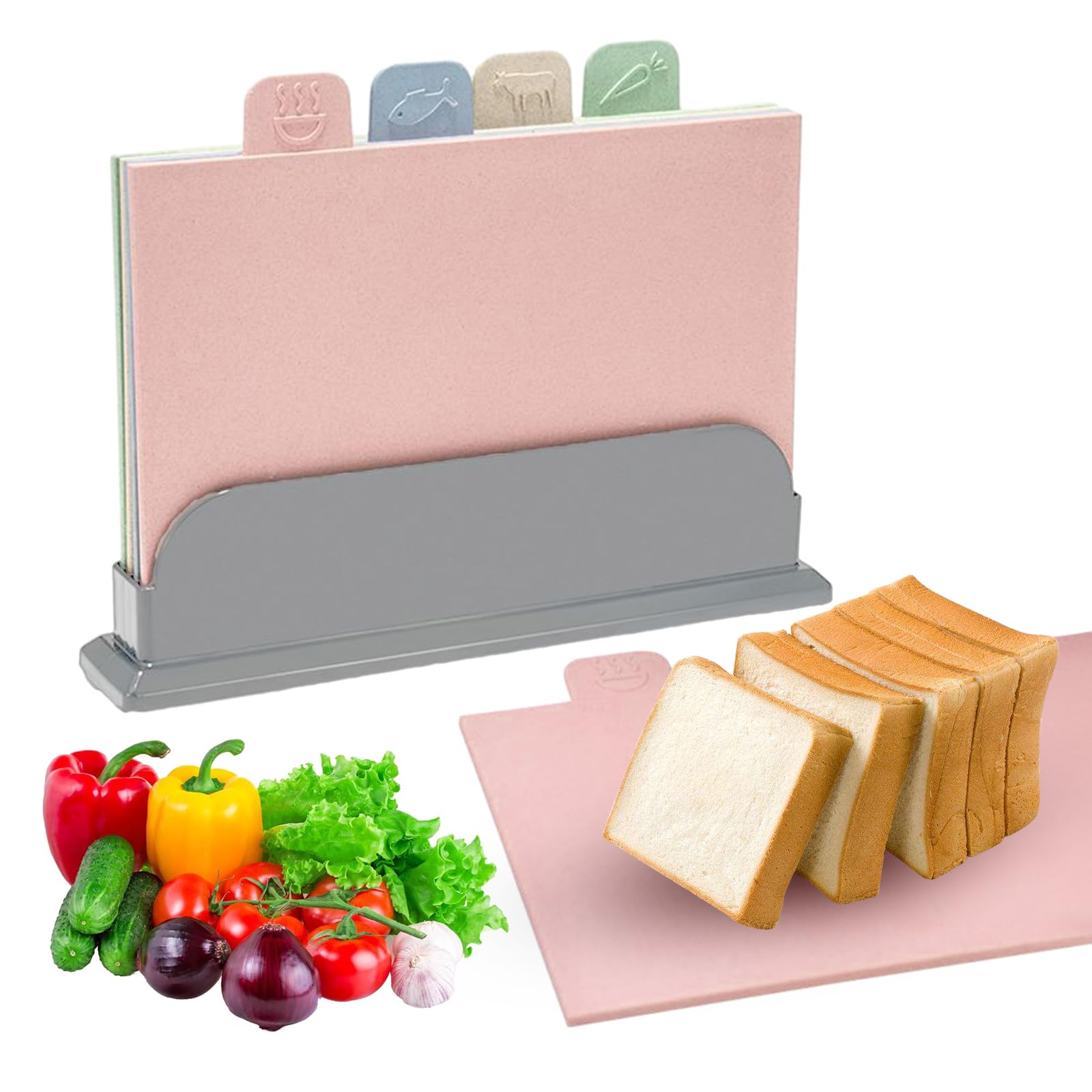 Juego de 4 tablas de cortar de cocina con soporte de almacenamiento e icono de alimentos, tablas de cortar antideslizantes, extragruesas, para cocina, carne, verduras, alimentos para bebés