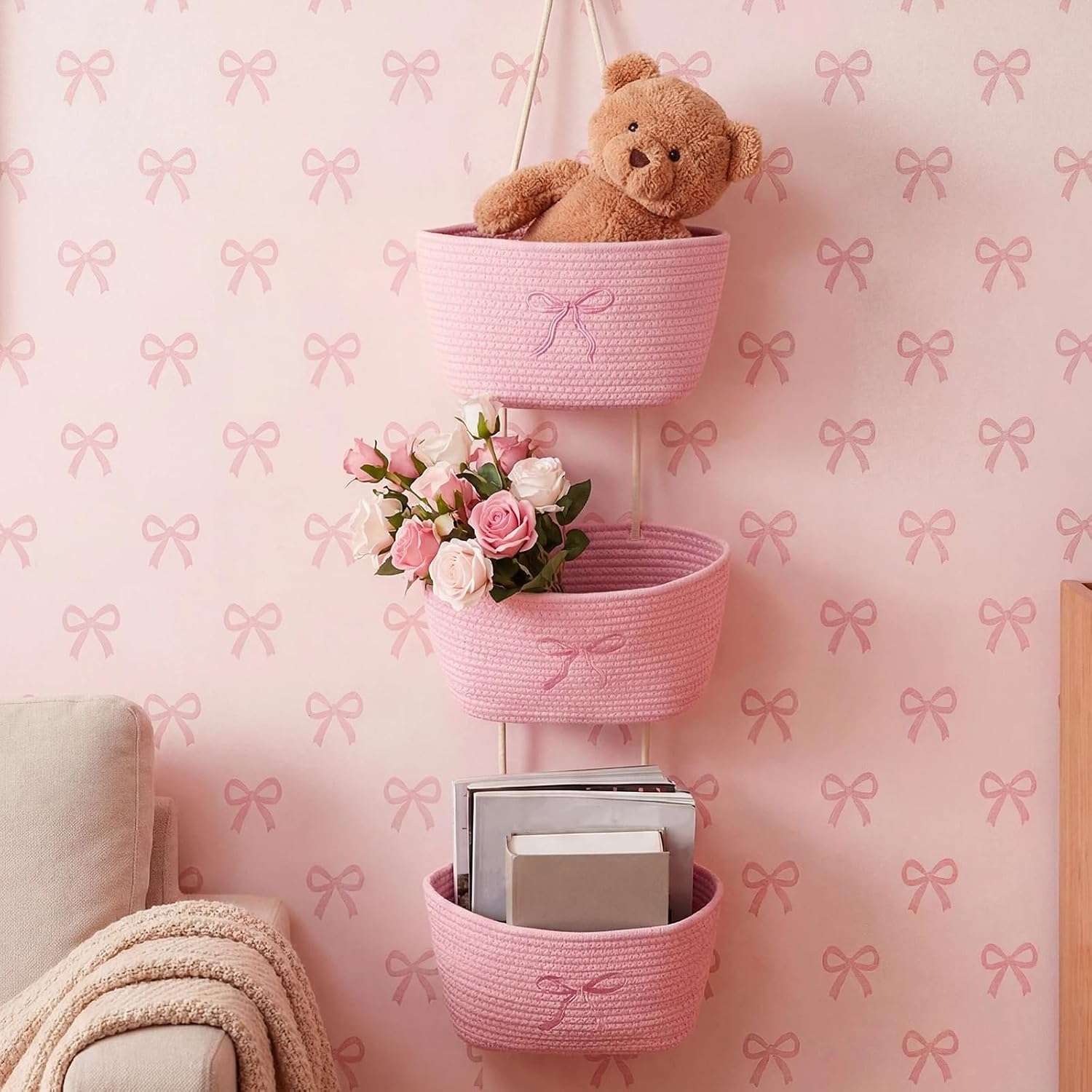 SiliFine 3 Tier Large Pink Bow Woven Hanging Basket 14.4 x 11.8 x 7 Inch over The Door Hanging Basket with Hooks Wall Mounted Storage Organizer for Decorative Living Room Bedroom Kitchen Gifts