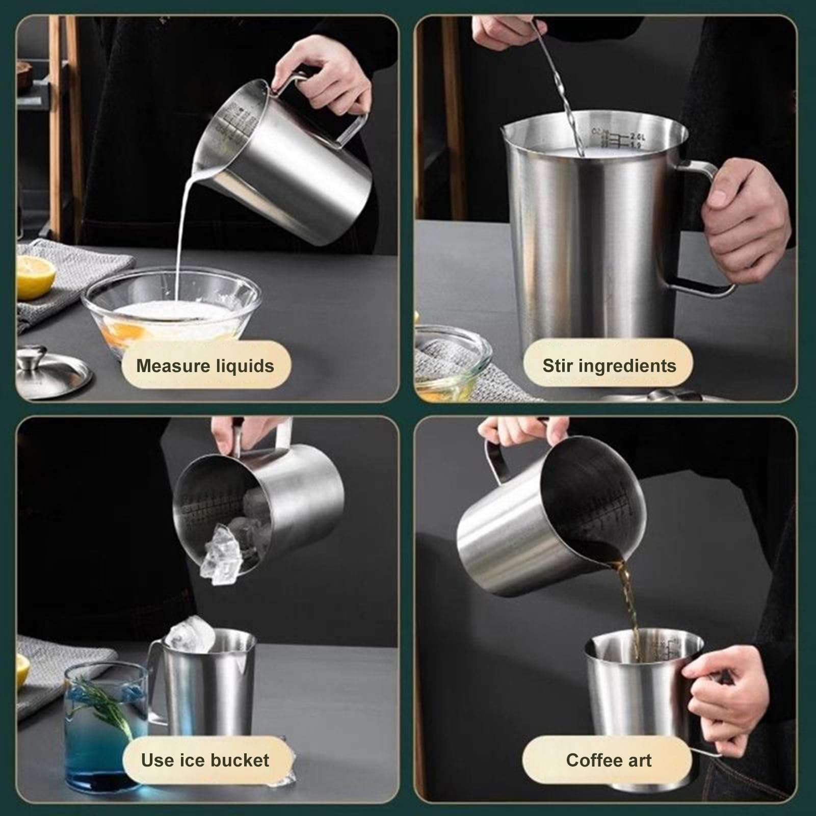 Taza para Espumar Leche Vaso Medidor de Acero Inoxidable de 2000 ml | Jarra para Espumar Leche para Bebidas Lácteas Cocinas Cafeterías Desayunos