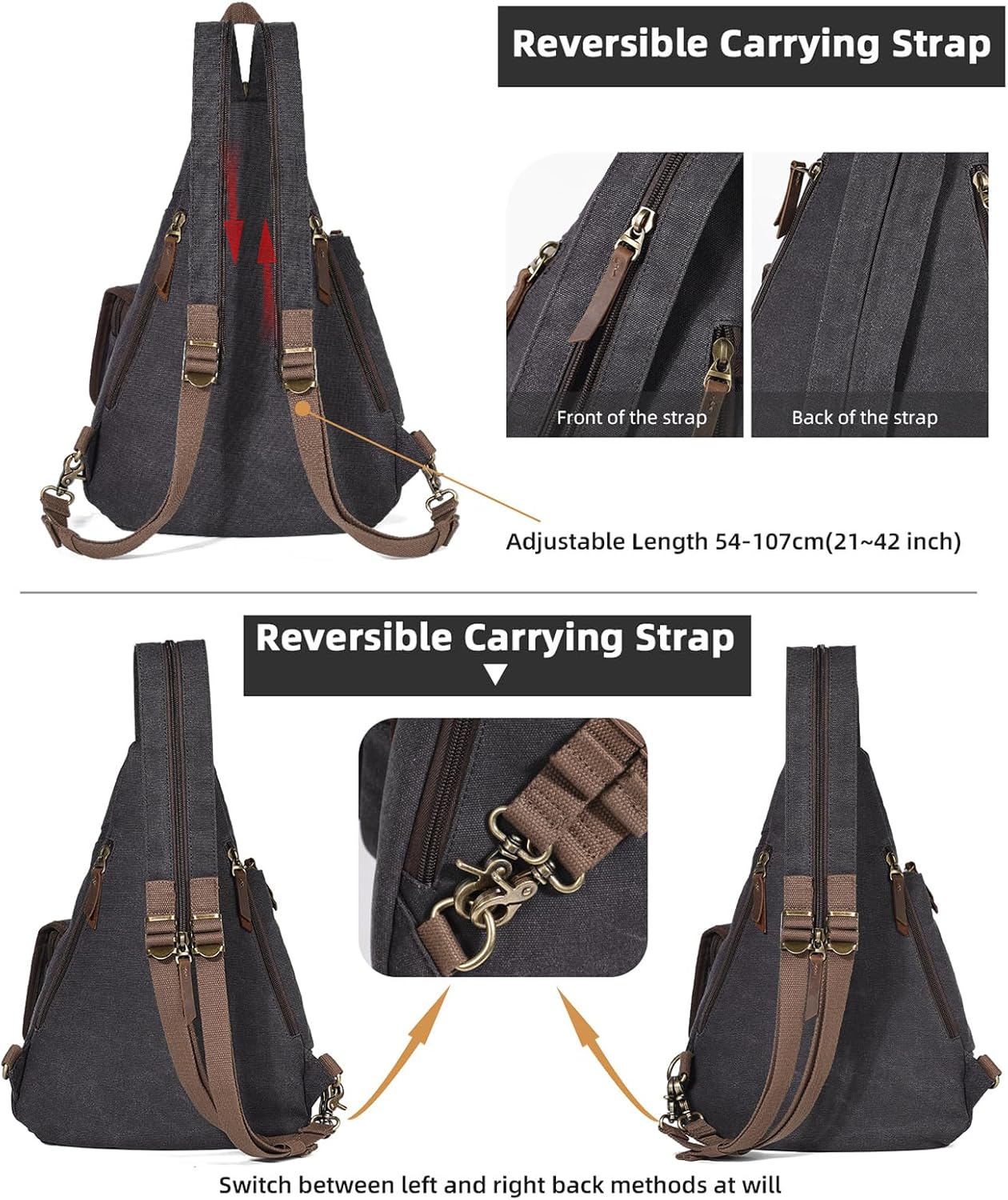 KL928 Canvas Sling Bag - Casual Crossbody Shoulder Daypack Rucksack Backpack for Men Women, Black - Image 3
