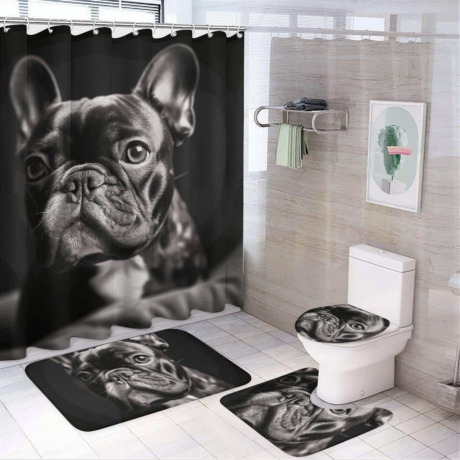 Rideau de douche bouledogue français et tapis de bain antidérapants pour WC