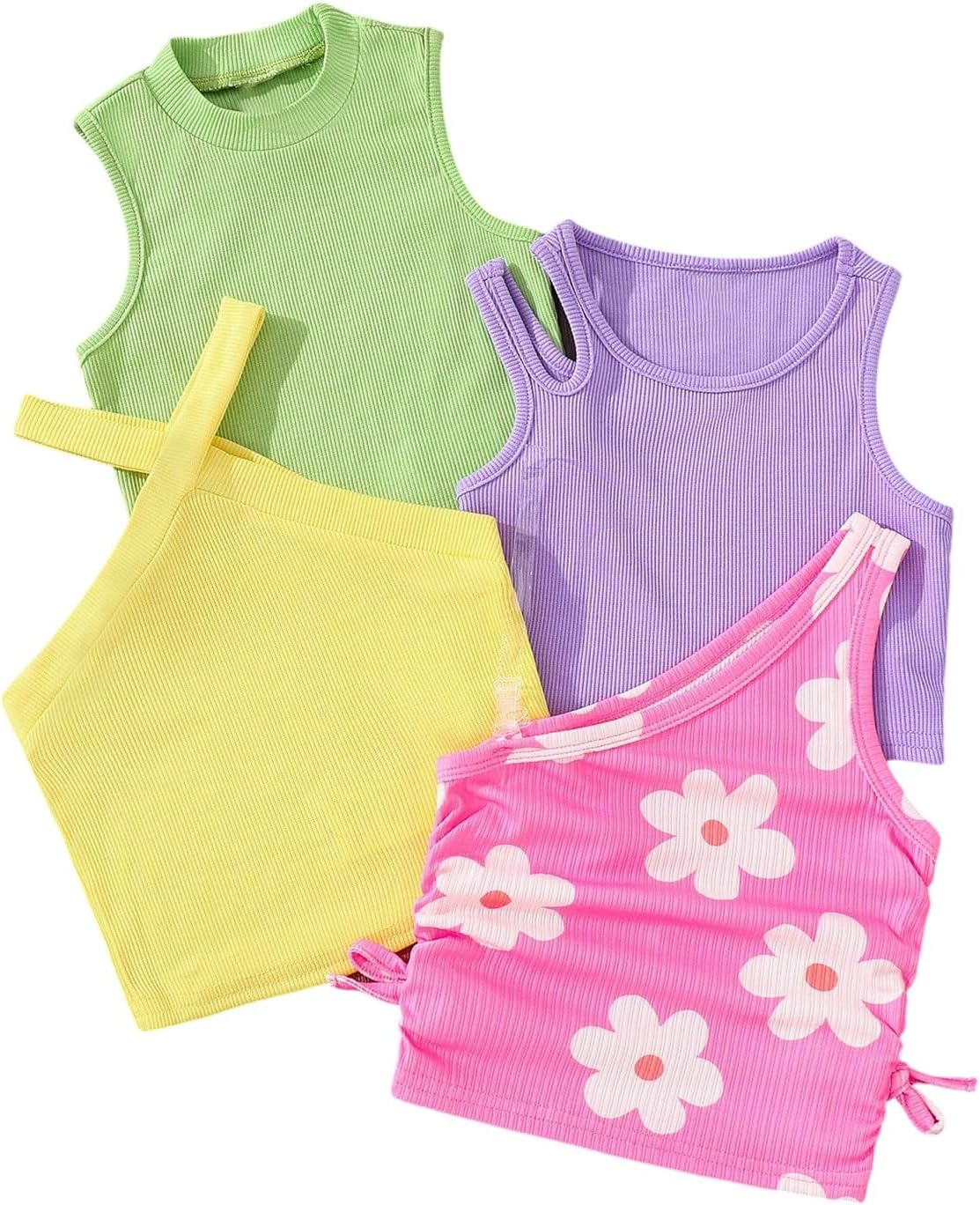 OYOANGLE Toddler Girl's 4 Pack Ribbed Knit Crop Tank Tops Set One Shoulder Summer Camisole