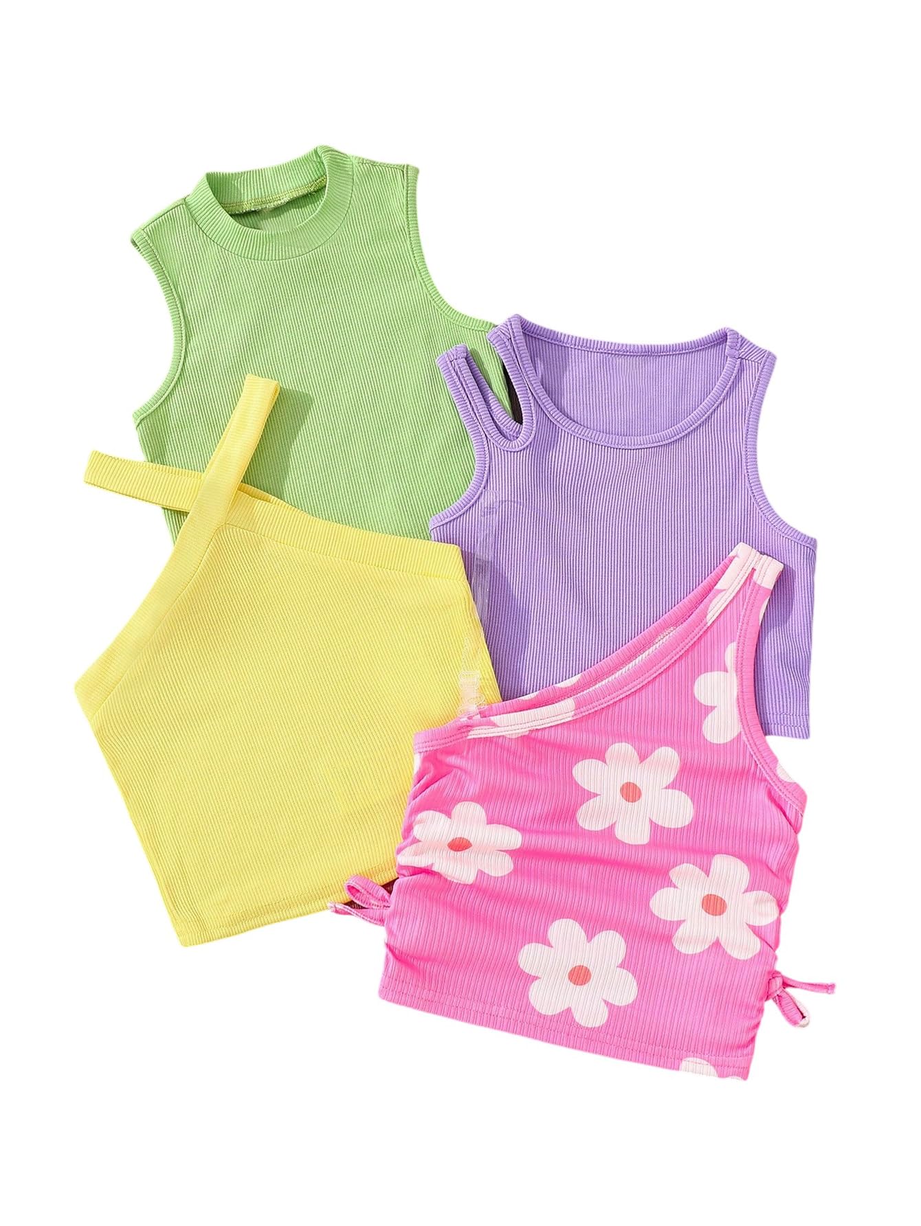 OYOANGLE Toddler Girl's 4 Pack Ribbed Knit Crop Tank Tops Set One Shoulder Summer Camisole